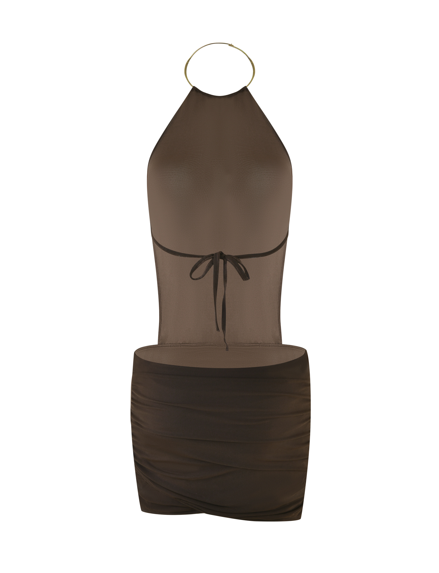 The TIGERMIST EVANNA MINI DRESS in Chocolate is a sheer, bodycon halter-neck dress with a gold neck ring, mid-back tie, opaque ruched skirt, and semi-transparent top, shown on a plain white background.