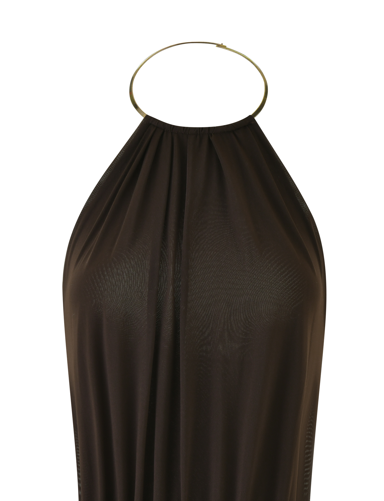 The EVANNA MINI DRESS - BROWN : CHOCOLATE by TIGERMIST is a sleeveless brown halter mini dress with a wide gold neck collar and lightweight, slightly sheer fabric that drapes elegantly in a sleek bodycon fit.