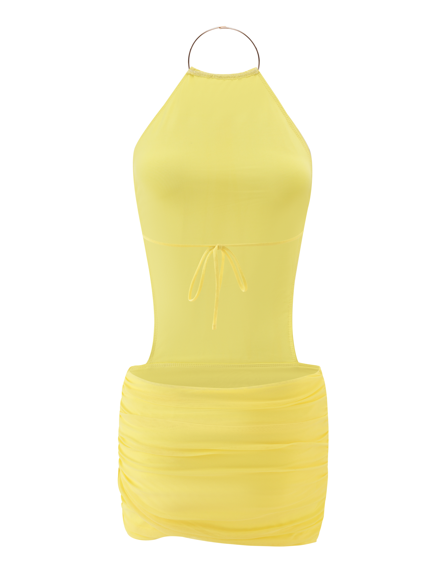 The TIGERMIST EVANNA MINI DRESS in yellow features a stylish tie, adding a playful touch to your wardrobe.