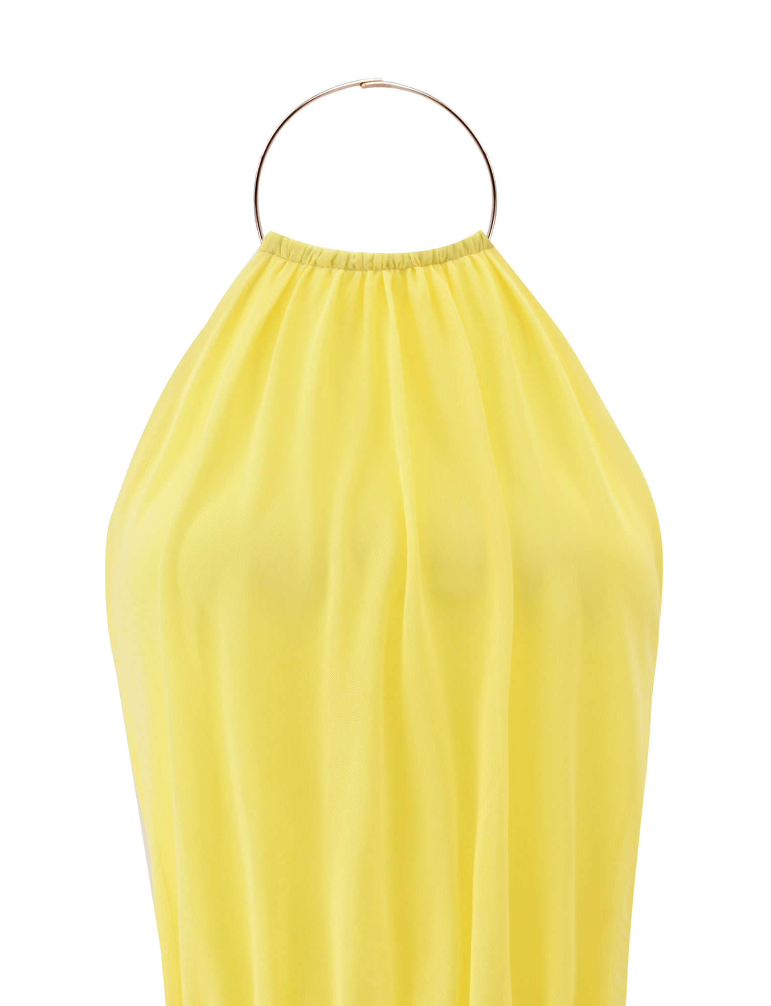 A close-up of the TIGERMIST EVANNA MINI DRESS in yellow, featuring a gathered neckline with a large gold hoop, shown against a plain white background.