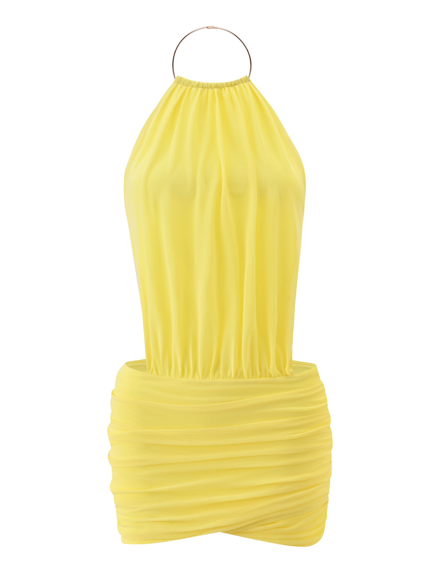 The TIGERMIST EVANNA MINI DRESS in yellow features a gathered high neck, sleeveless halter style, loose bodice, fitted ruched mini skirt, and open back, showcased against a white background.