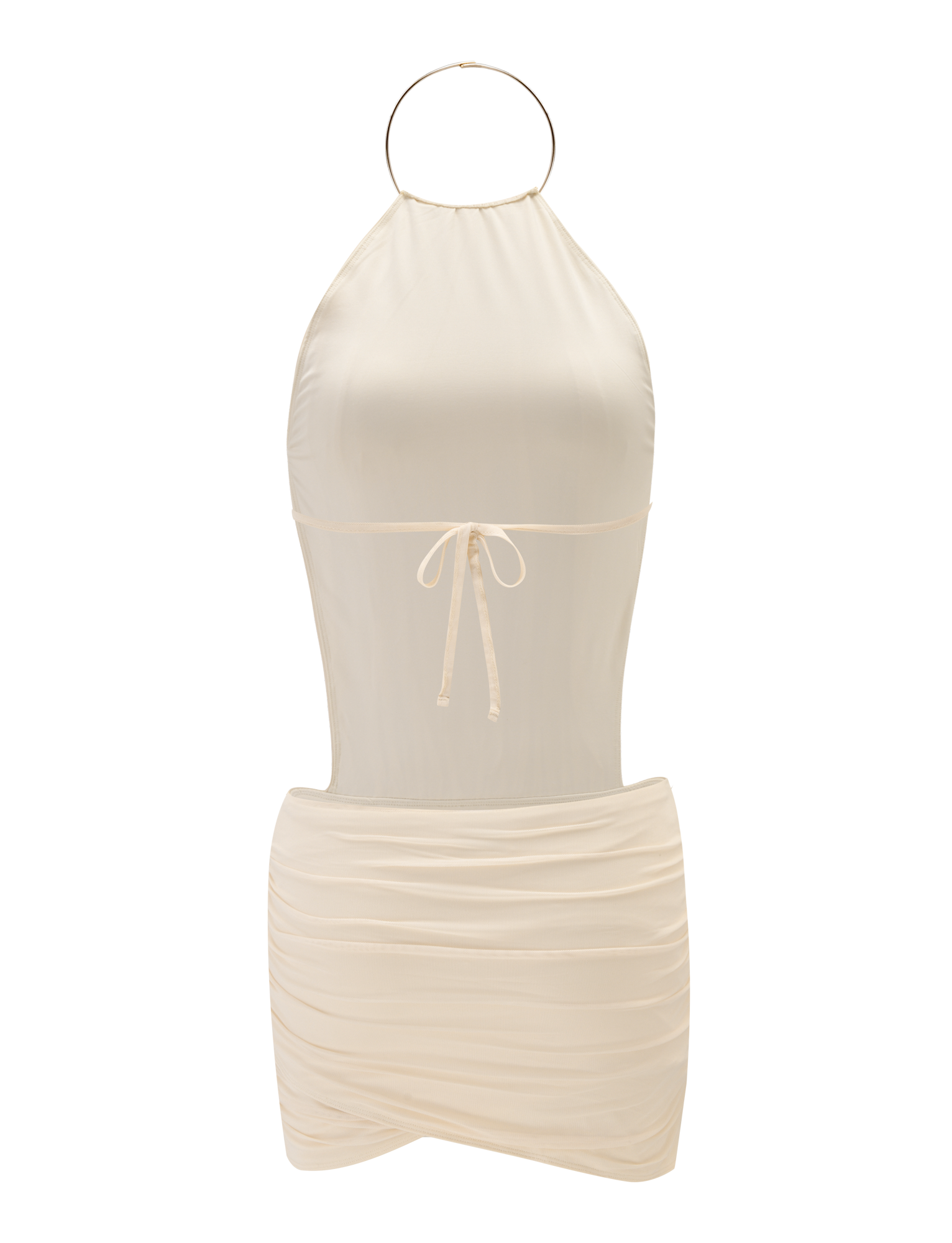 The EVANNA MINI DRESS - IVORY by TIGERMIST is a sleeveless mini dress featuring a gold hoop high neck, chest keyhole tie, and ruched fitted skirt. Shown on a mannequin, the dress has a smooth, slightly shiny finish.