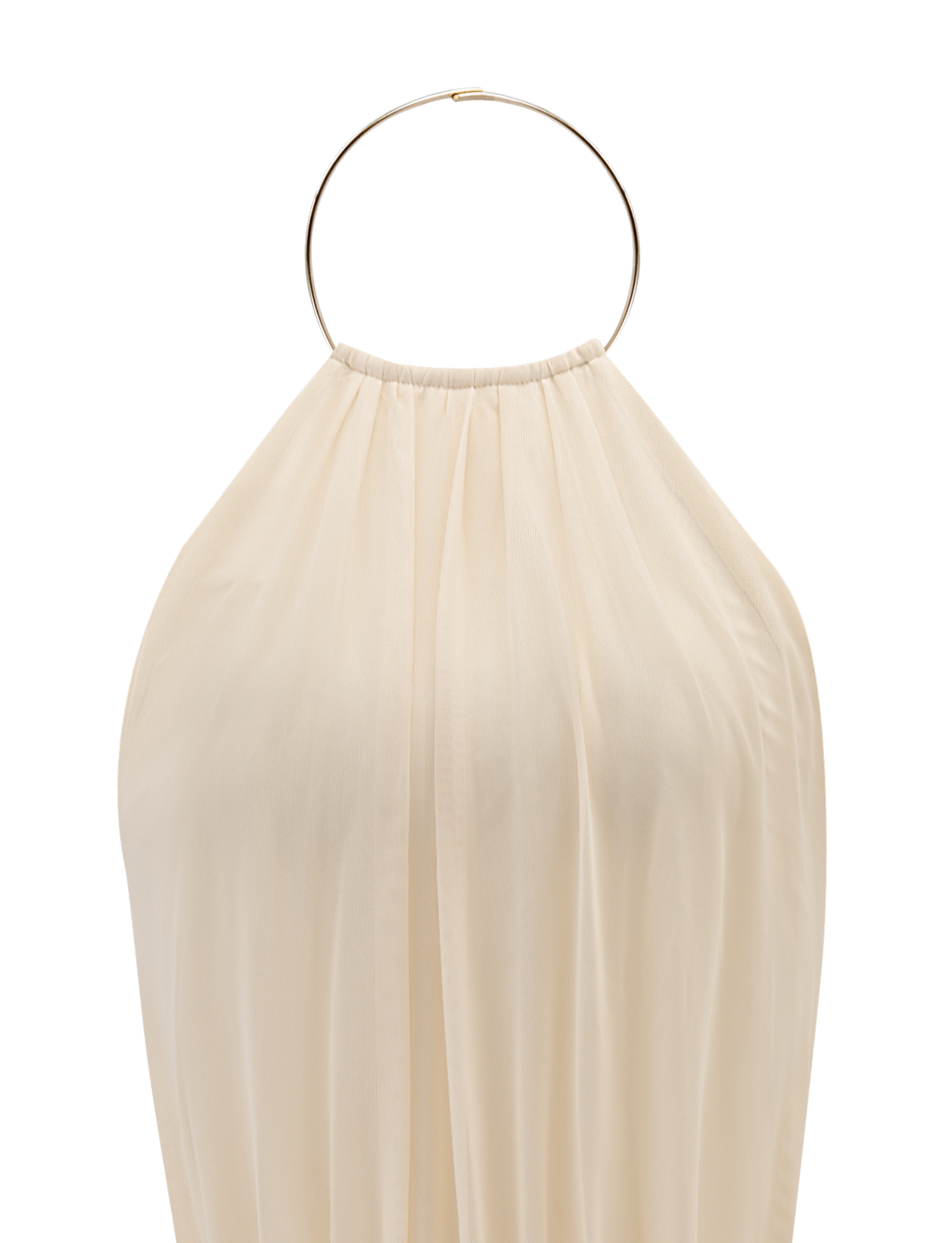 The TIGERMIST EVANNA MINI DRESS in ivory, featuring a gold circular halter neckline and flowing design, is showcased against a white background.