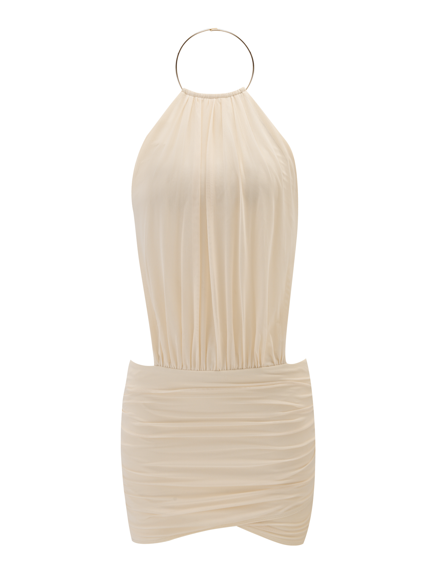 The TIGERMIST EVANNA MINI DRESS - IVORY is a sleeveless mini dress featuring a halter neckline with a large metallic ring and a gathered, ruched skirt.
