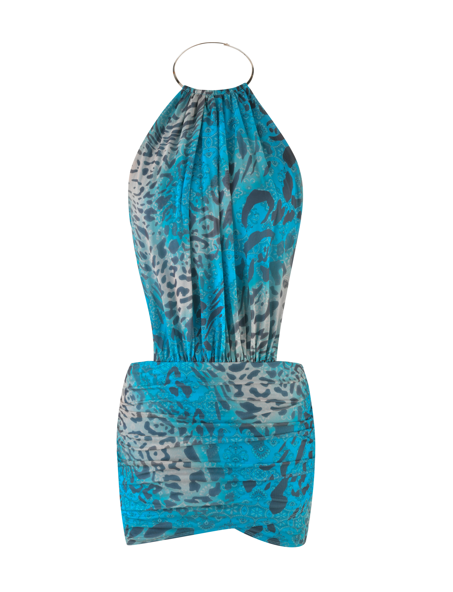 The EVANNA MINI DRESS by TIGERMIST features a sleeveless, halter-neck design with a metallic hoop neckline, blue leopard swirl print, and fitted ruched bodycon fit.