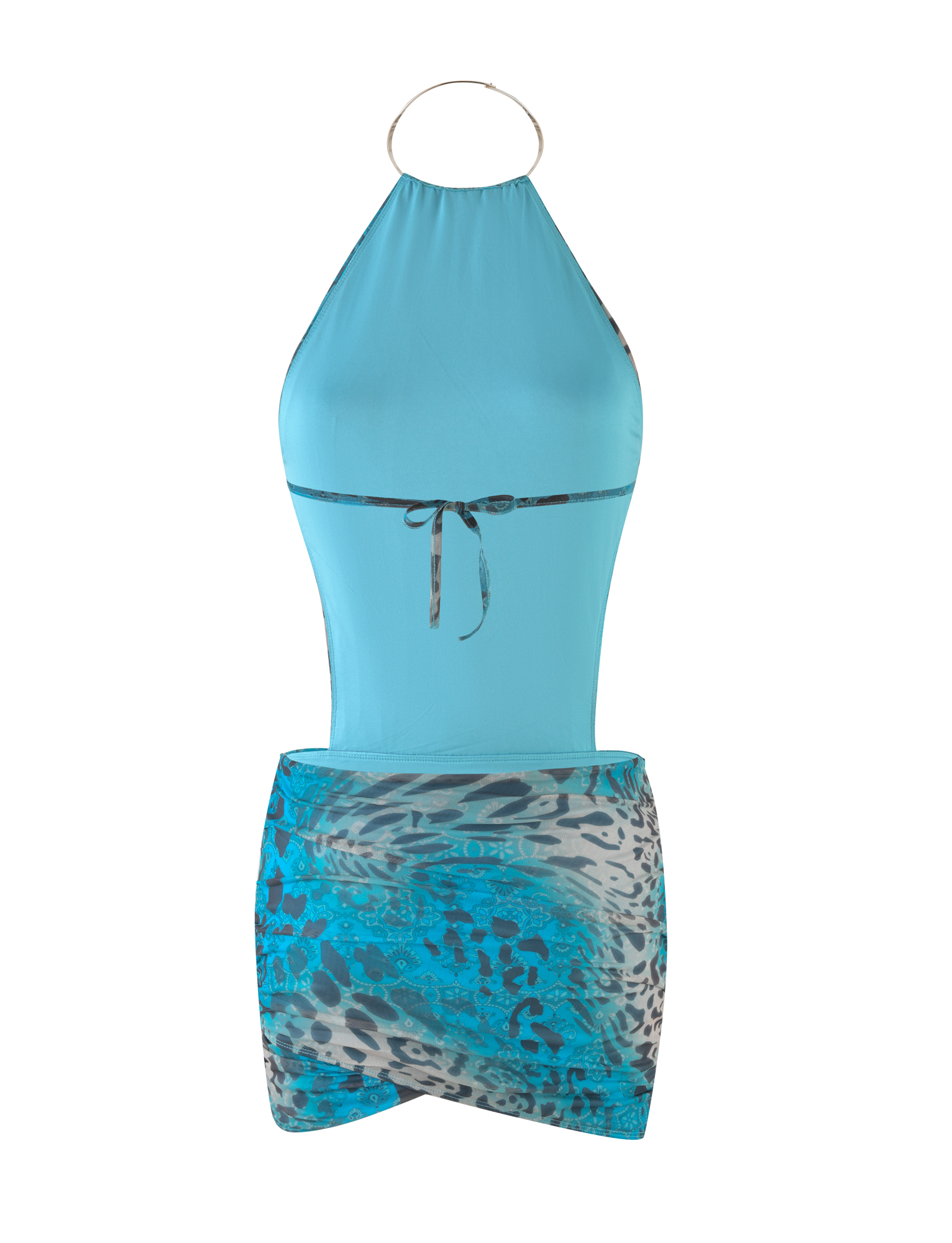 The EVANNA MINI DRESS - MULTI: LEOPARD SWIRL by TIGERMIST features a chic halter-neck design with metallic ring detail, black bow at the front, and a fitted silhouette in blue leopard print.