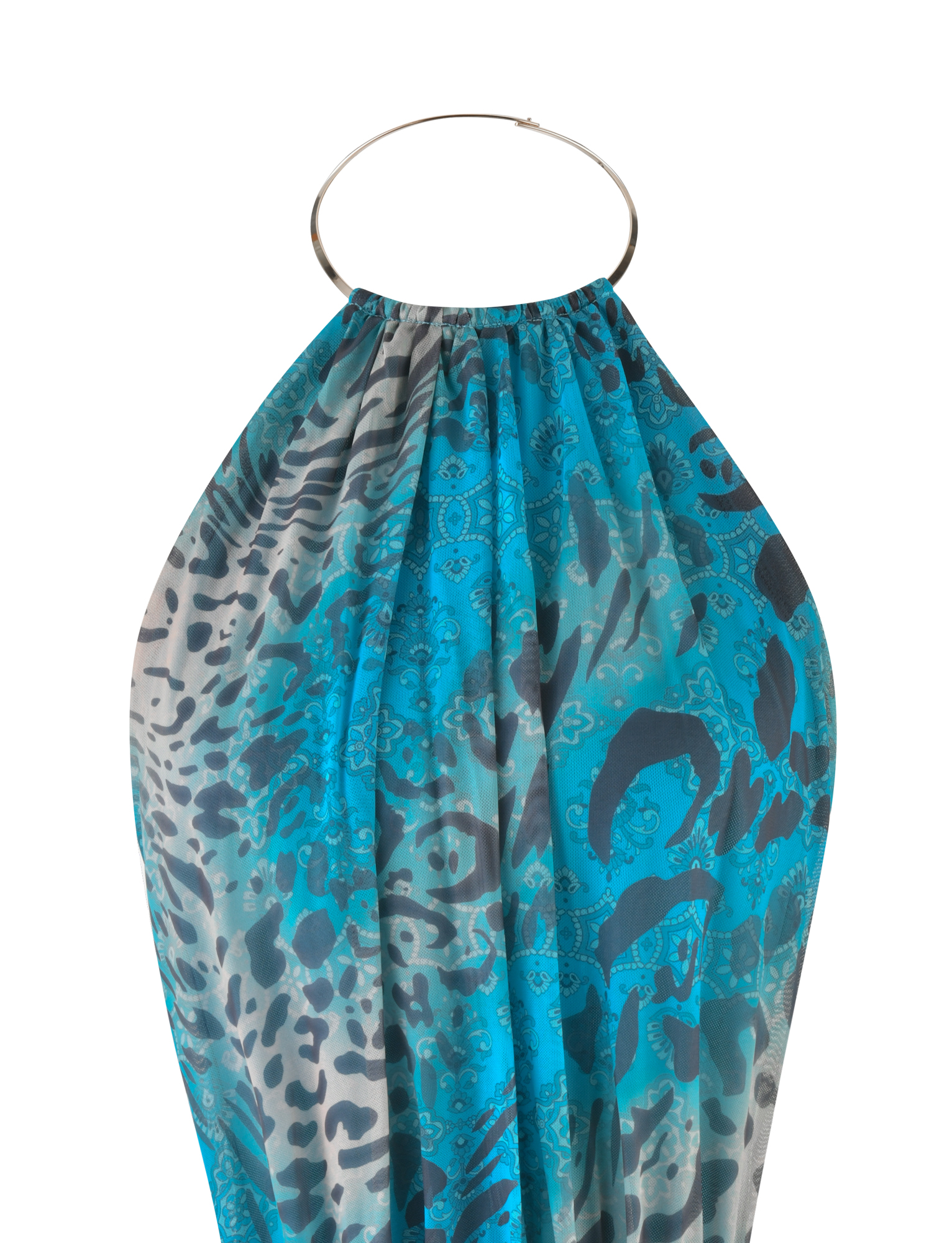 The EVANNA MINI DRESS - MULTI : LEOPARD: LEOPARD SWIRL by TIGERMIST features a blue and gray leopard swirl pattern, resembling a decorative textile with abstract designs and is styled through a large silver ring.