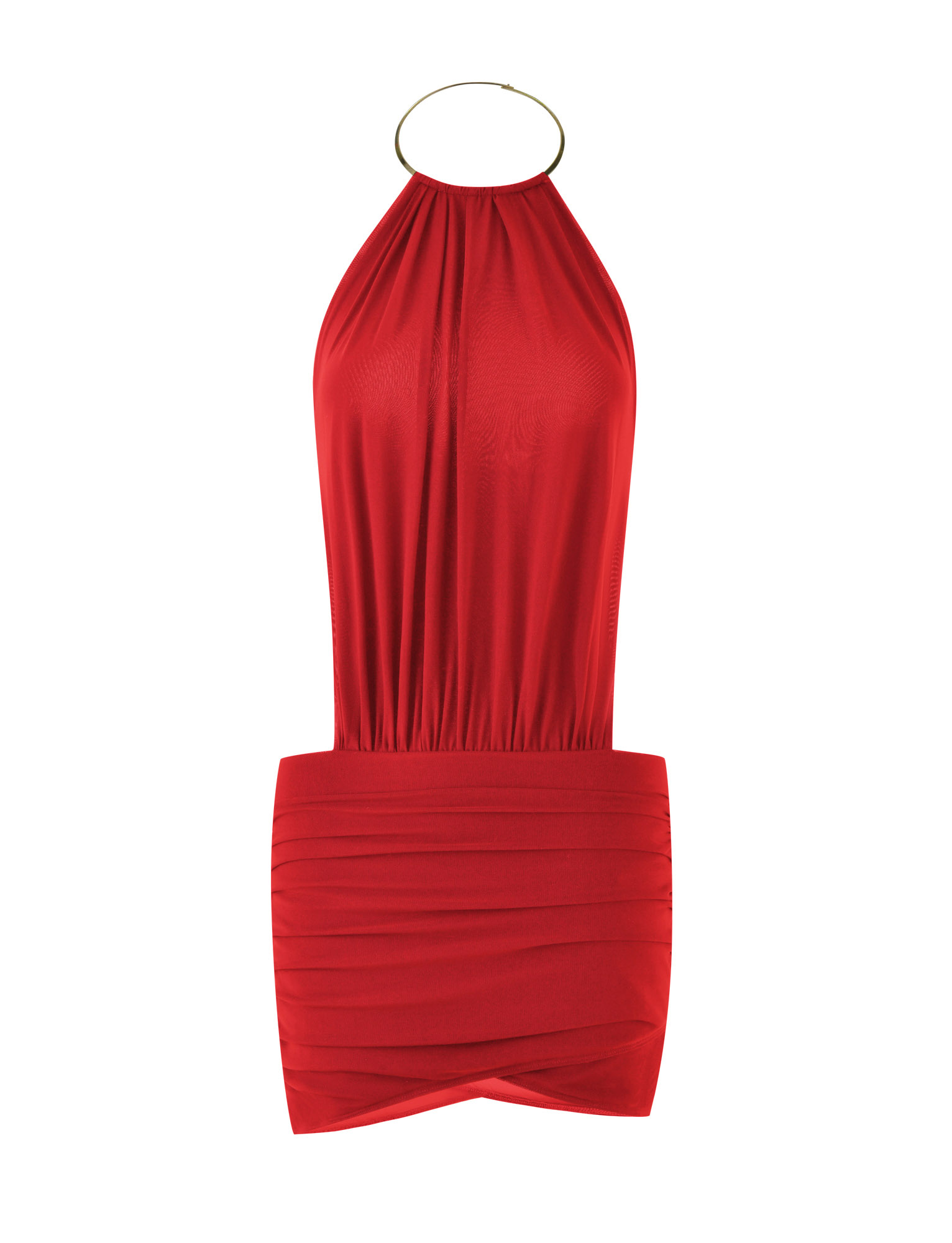 The TIGERMIST EVANNA MINI DRESS in deep red is a sleeveless, halter-neck mini dress with a gold circular collar, open back, and a ruched fitted skirt.