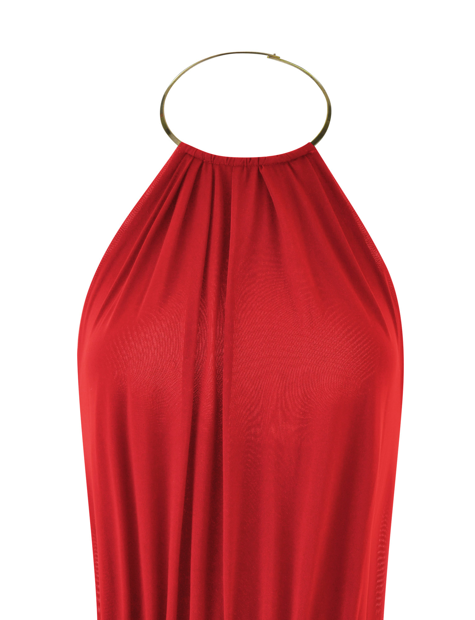 A close-up of the TIGERMIST EVANNA MINI DRESS in deep red, featuring a wide gold metal neckline and gathered stretchy fabric for a flattering bodycon fit.