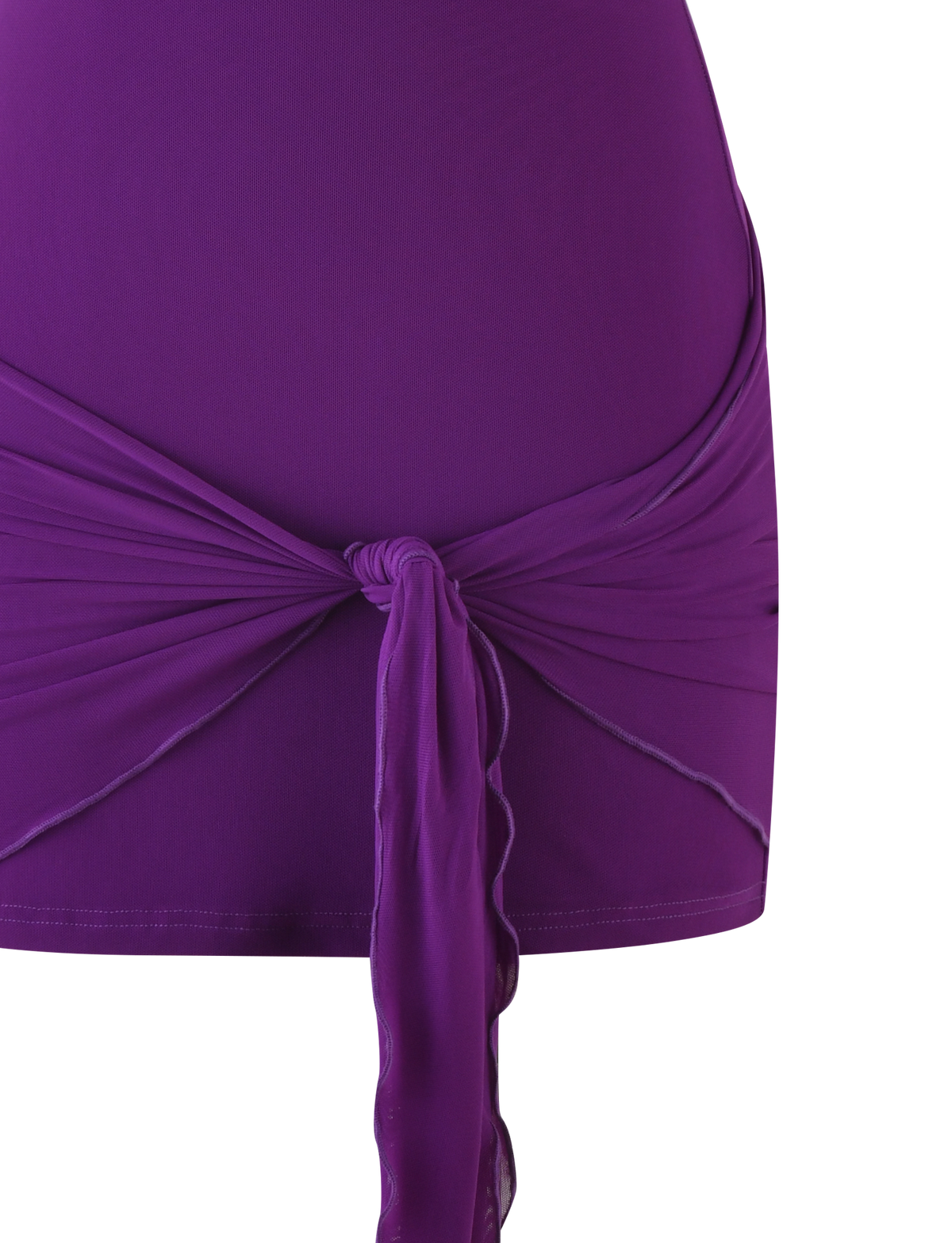 Close-up of the TIGERMIST JUSTINA MINI DRESS in purple—a high-stretch, smooth mini dress with a halter neck and bodycon fit. Features a wrap-style tie at the waist with long sash ends draping down the front.