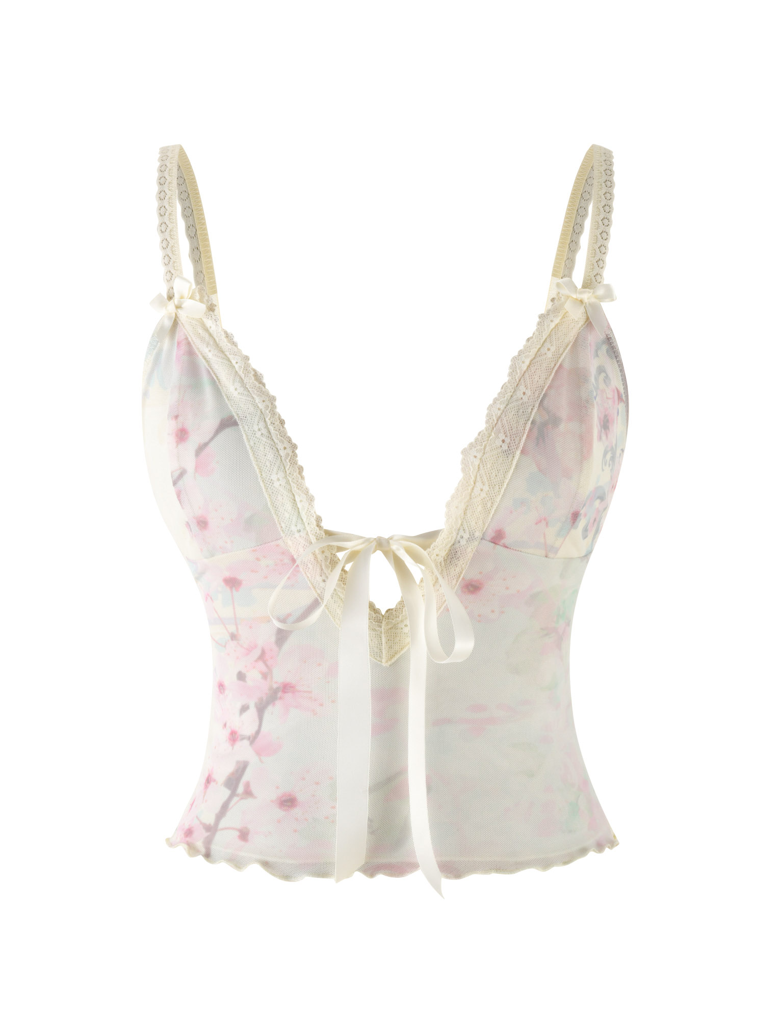 The TIGERMIST LONIE TOP - NEUTRAL features a sheer floral washed cherry blossom print with lace trim straps and ribbon bows, shown on a white background.