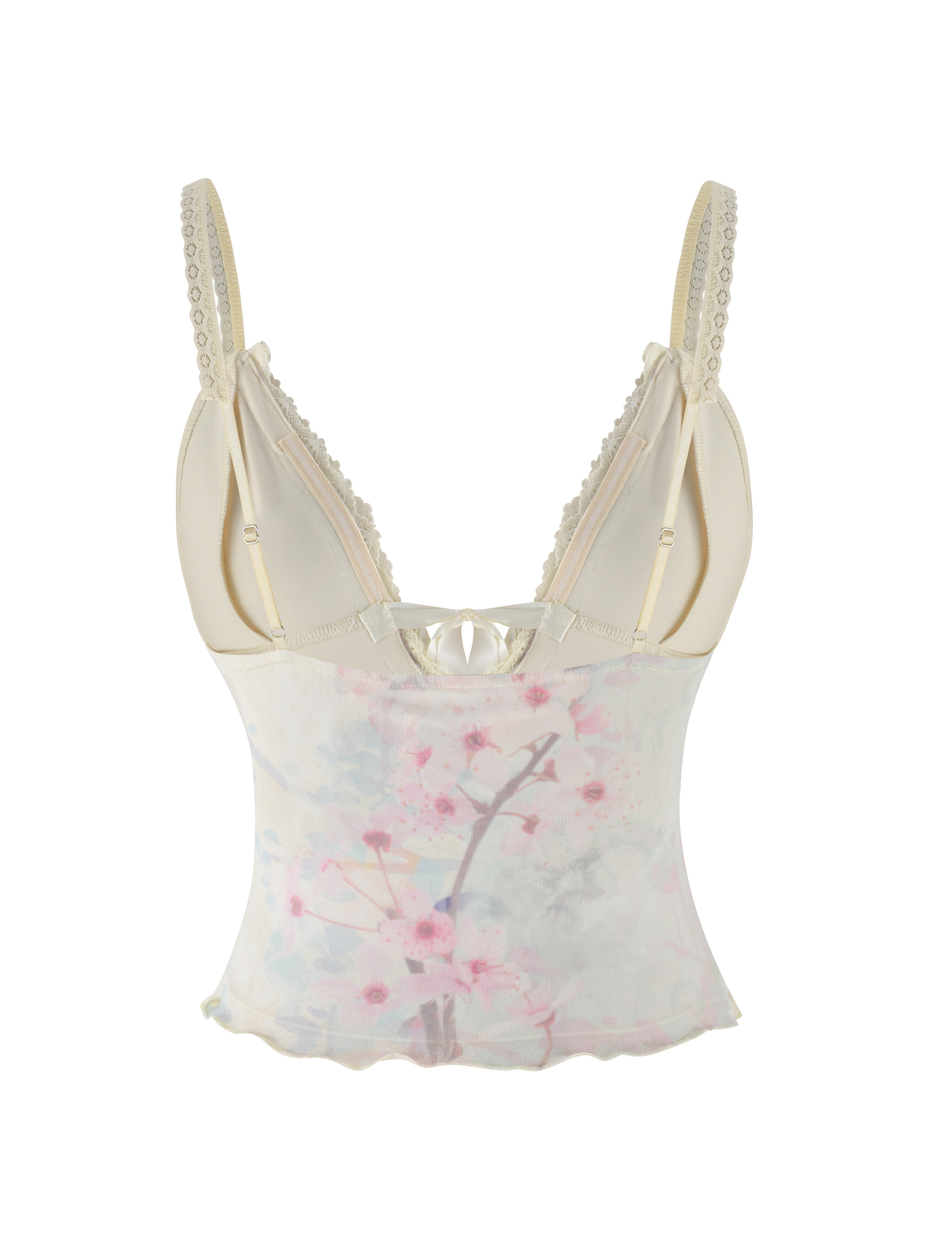 The TIGERMIST LONIE TOP in Neutral features a floral washed cherry blossom print, delicate lace-trim straps with pearl details, adjustable fit, and sheer mesh fabric, shown on a white background.