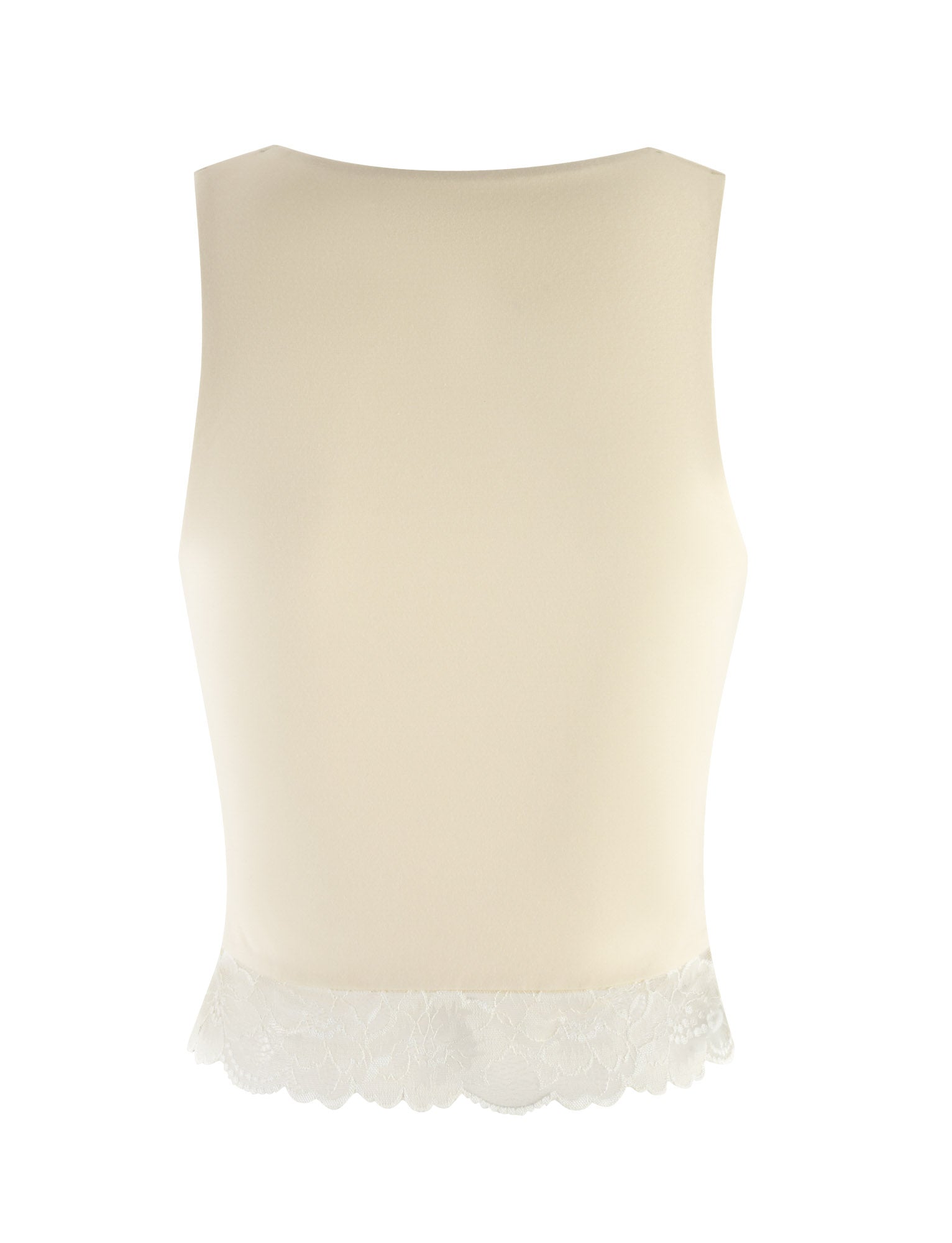 Back view of the TIGERMIST DIONE LACE TOP in Soft Butter, a sleeveless jersey top with a smooth texture and lace trim at the hem, adding a delicate touch to its simple design.