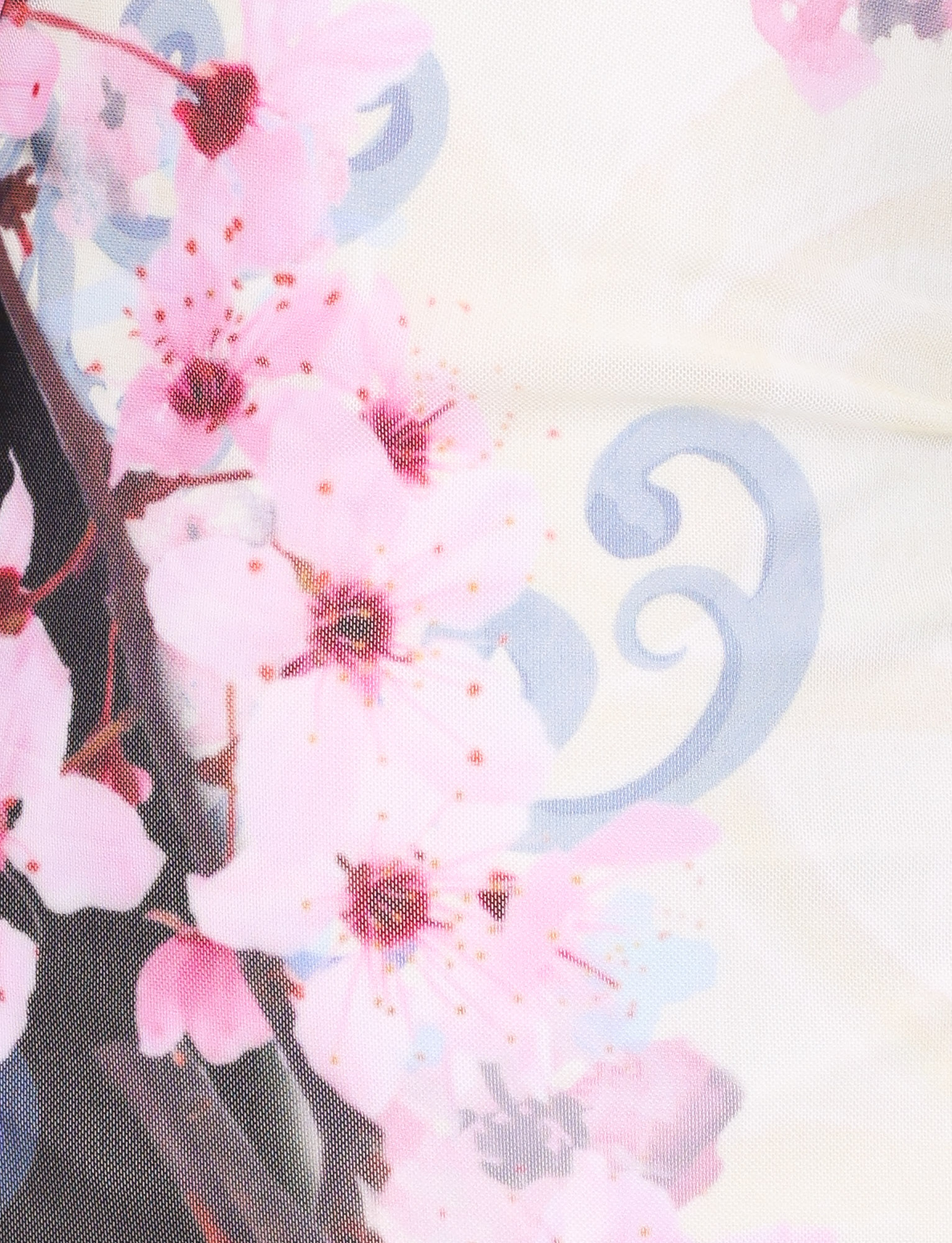 Close-up of the fabric from TIGERMIST’s COLSON MESH MINI DRESS in Multi: Floral: Cherry Blossom, featuring light pink blossoms and swirling blue patterns on a pale background, inspired by classic cherry blossom prints.