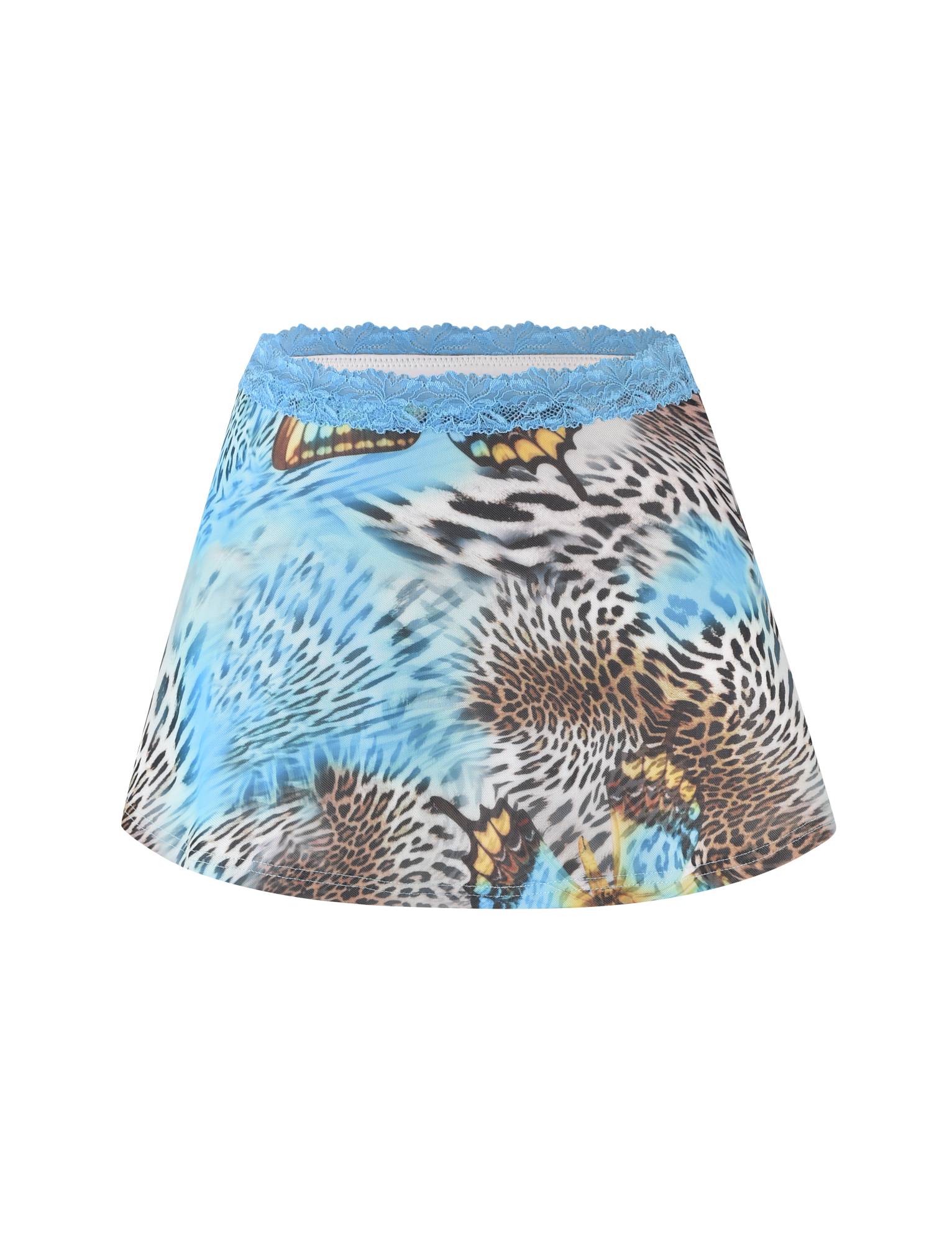 The FINLEA MINI SKIRT by TIGERMIST features a blue A-line silhouette with leopard and butterfly print, a lace waistband, and a center front bow.