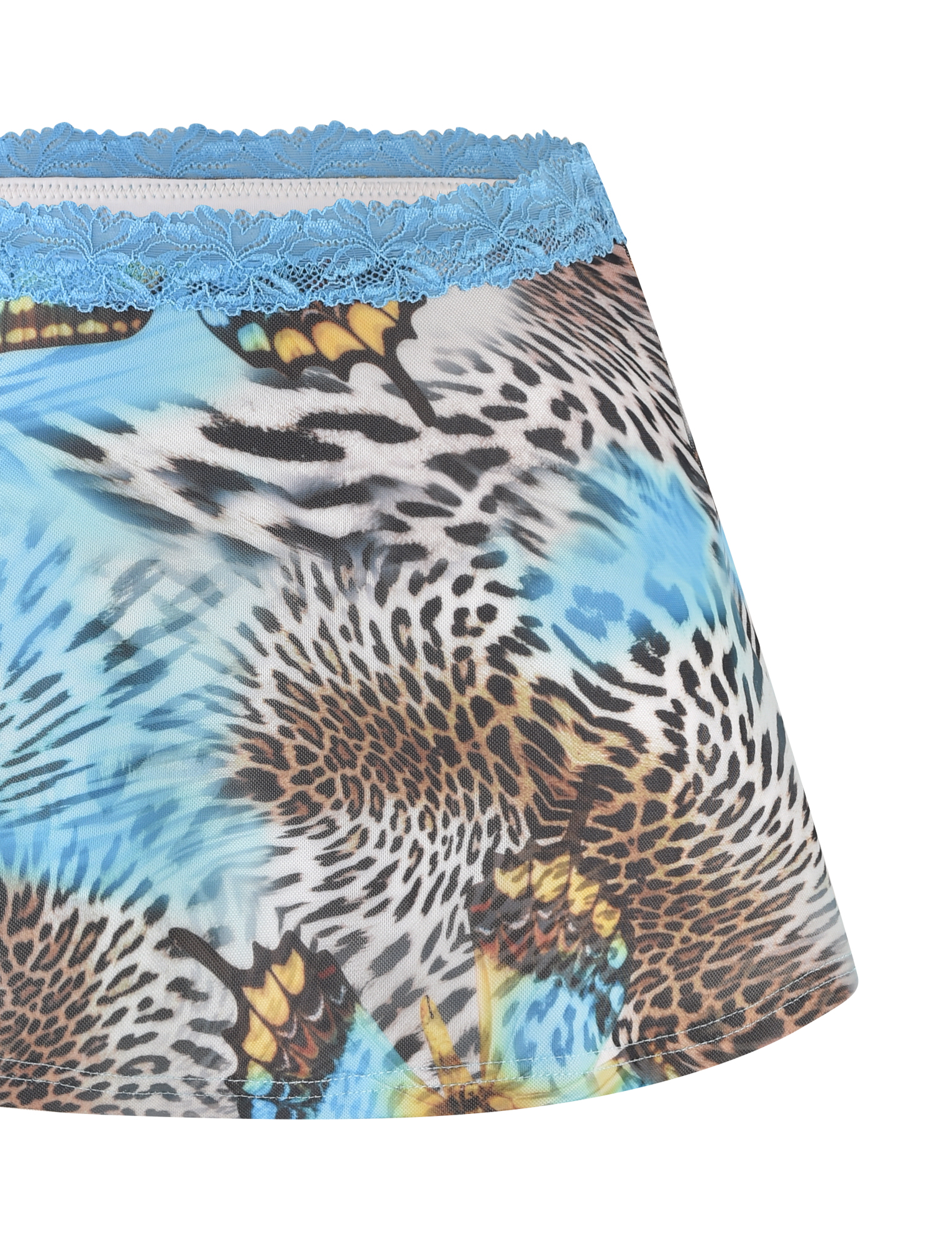 A close-up of the TIGERMIST FINLEA MINI SKIRT - MULTI: ANIMAL : BUTTERFLY ANIMAL, featuring an A-line silhouette with a blue lace waistband and a vibrant animal print in blue, beige, black, and yellow.