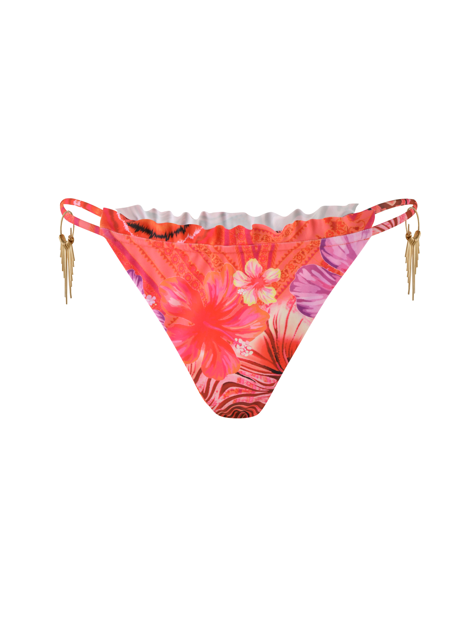 The TIGERMIST CIANA BIKINI 2PC BOTTOM - PINK features a vibrant floral print in pink tones with gold tassel double side straps, made from high stretch fabric and showcased on a white background.