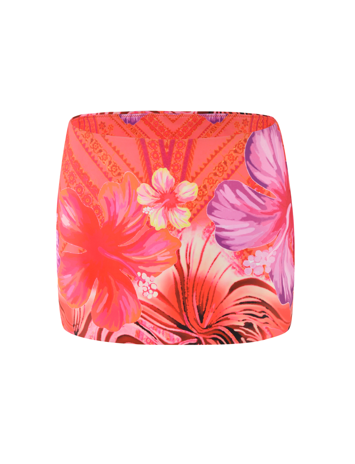 The TIGERMIST CIANA Bikini 2pc Bottom features a pink tropical floral print with pink, purple, and yellow hibiscus on a white background. Made from high-stretch fabric for comfort and style.