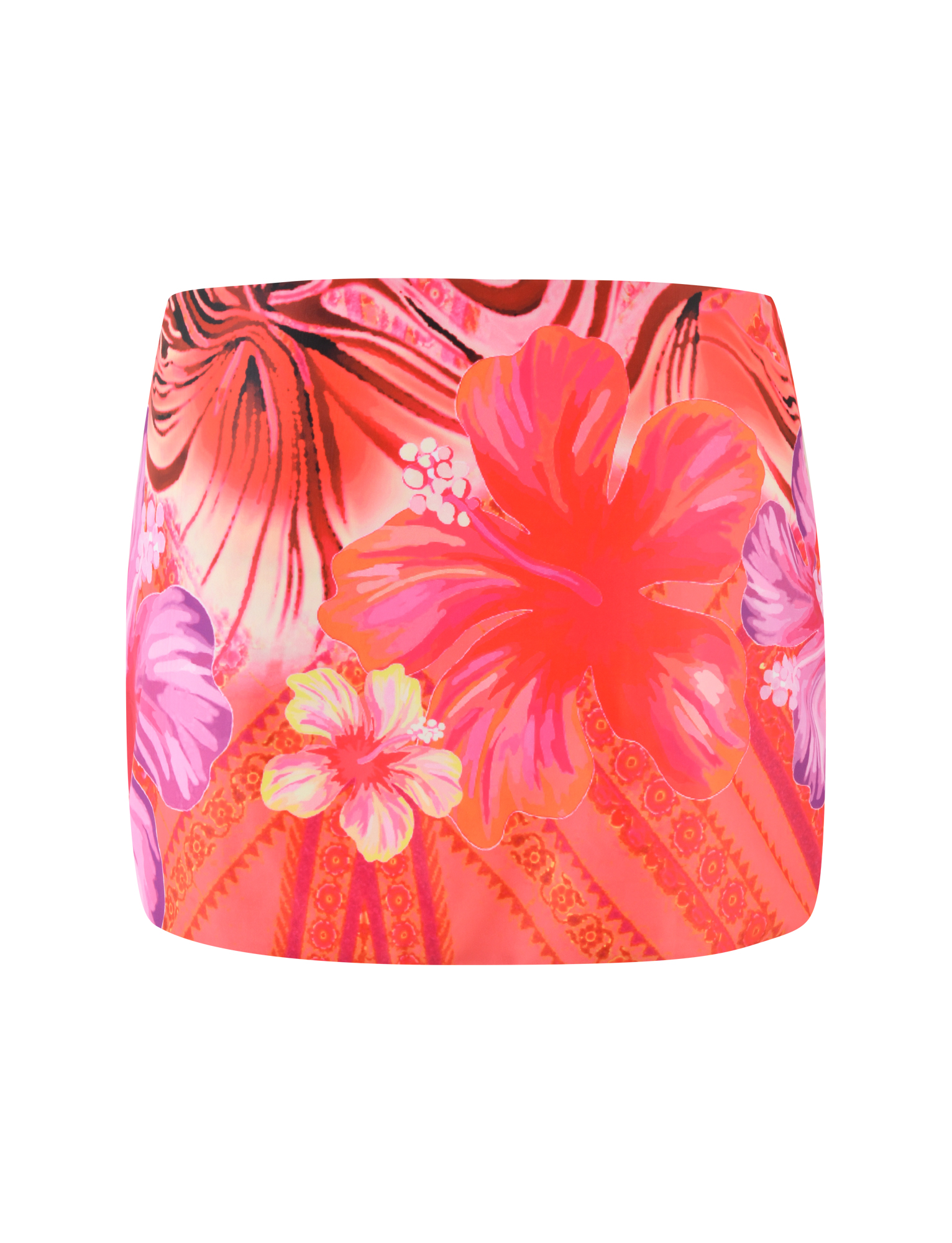 The TIGERMIST CIANA BIKINI 2PC BOTTOM in Pink Tropical features a high-waisted design with a bold pink floral print, large hibiscus flowers, and abstract patterns on white. Made from high-stretch fabric for comfort.