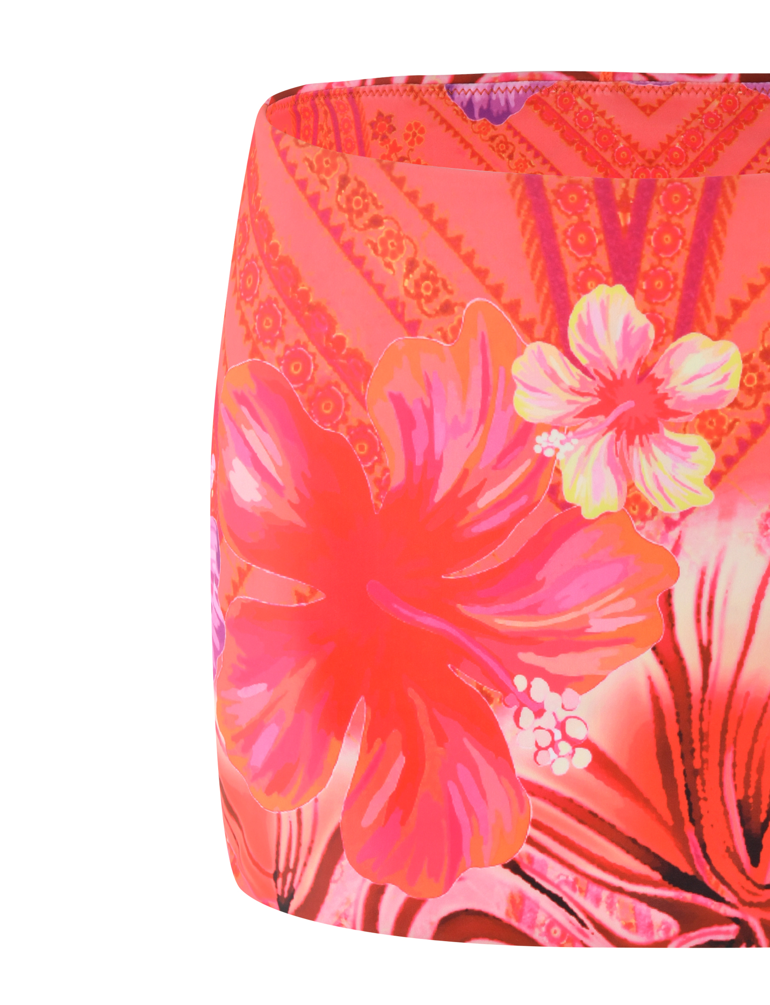 A close-up of TIGERMIST’s CIANA BIKINI 2PC BOTTOM in Pink Tropical, featuring vibrant pink floral high-stretch fabric with large hibiscus and geometric patterns—ideal for a bold swim look.