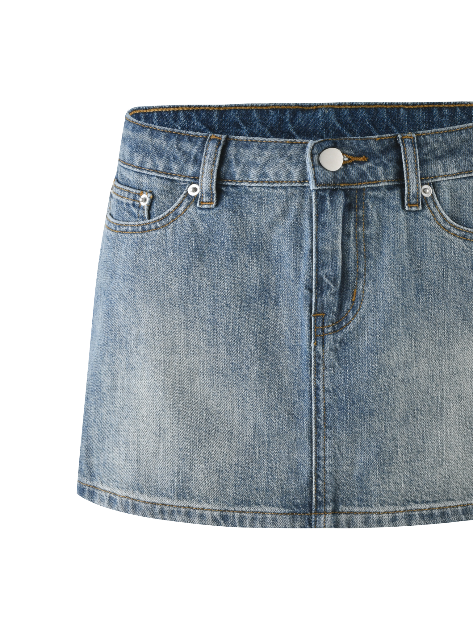 The TIGERMIST MICHAYLA MINI SKIRT - MID WASH is a blue rigid denim mini with front button and zipper closure, five-pocket styling, visible front pockets, and subtle faded detailing.