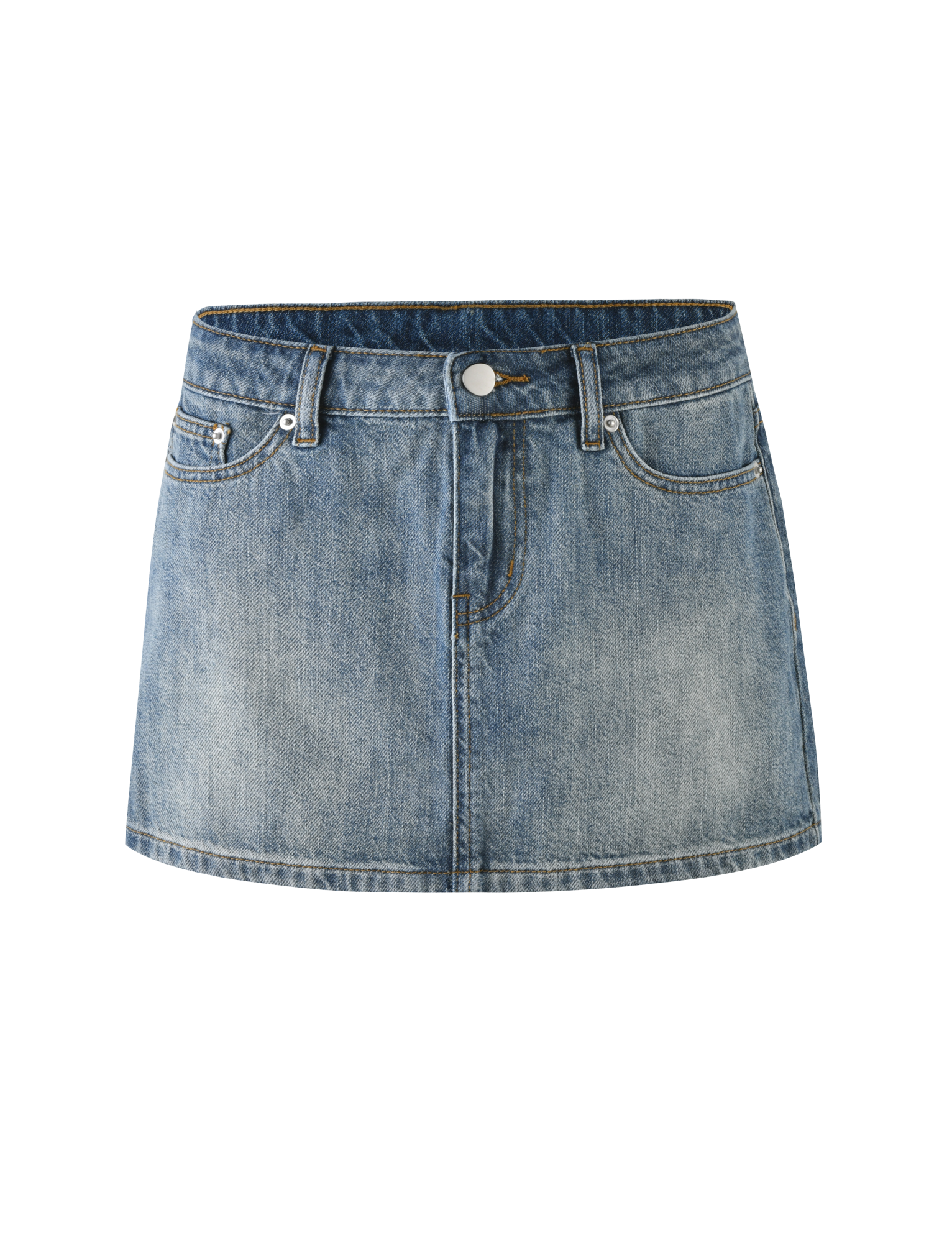 The TIGERMIST MICHAYLA MINI SKIRT - MID WASH is a blue rigid denim mini skirt with five-pocket styling, front button and zipper, belt loops, and a slightly faded, worn look.