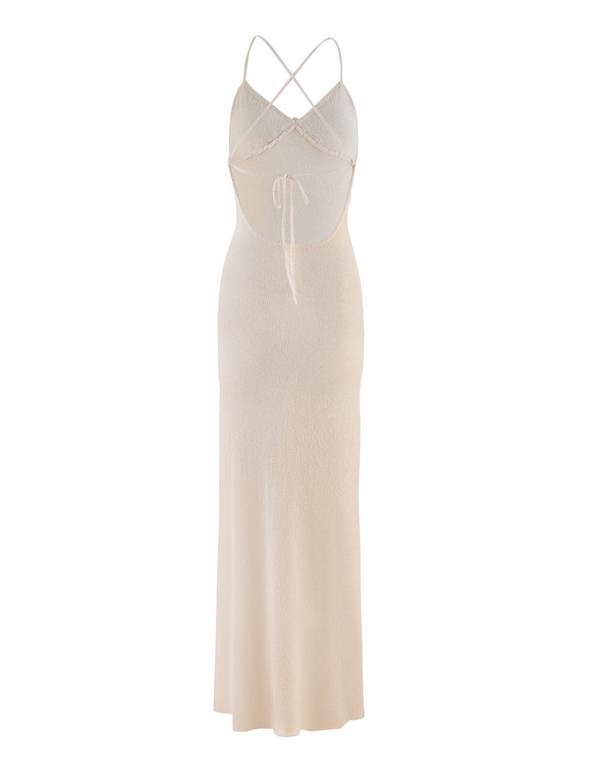 The TIGERMIST LAVELLE MAXI DRESS in cream features a crisscross halter neckline with adjustable straps, an open back with tie detail, a fitted silhouette, and a long flowing skirt.