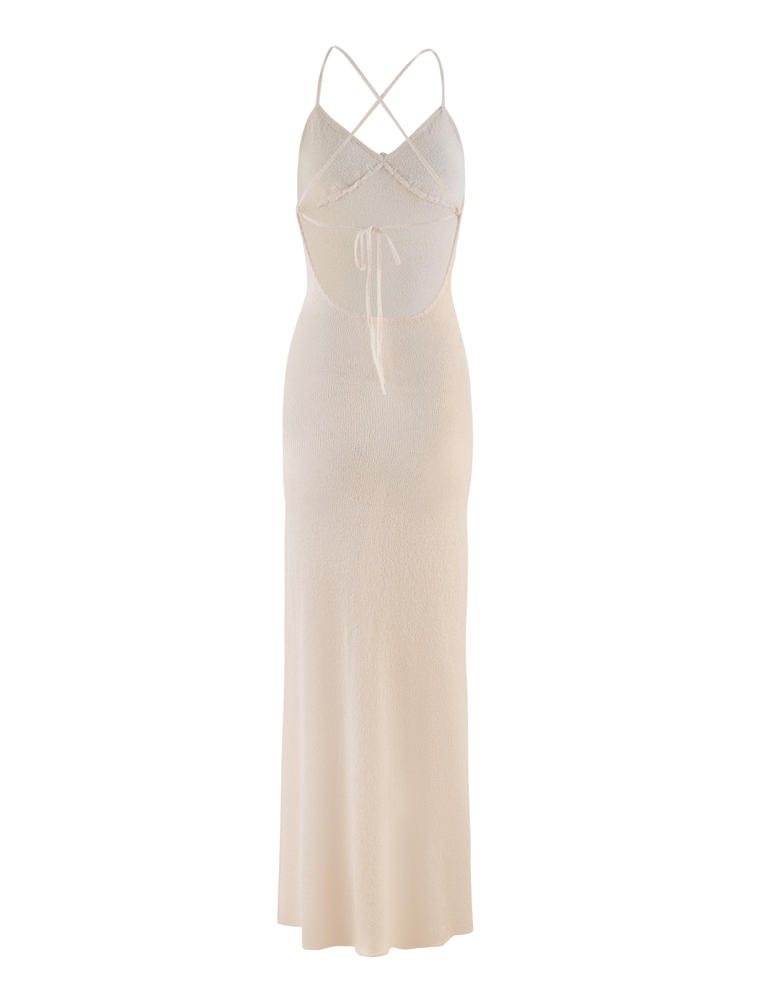 The TIGERMIST LAVELLE MAXI DRESS in cream features a crisscross halter neckline with adjustable straps, an open back with tie detail, a fitted silhouette, and a long flowing skirt.