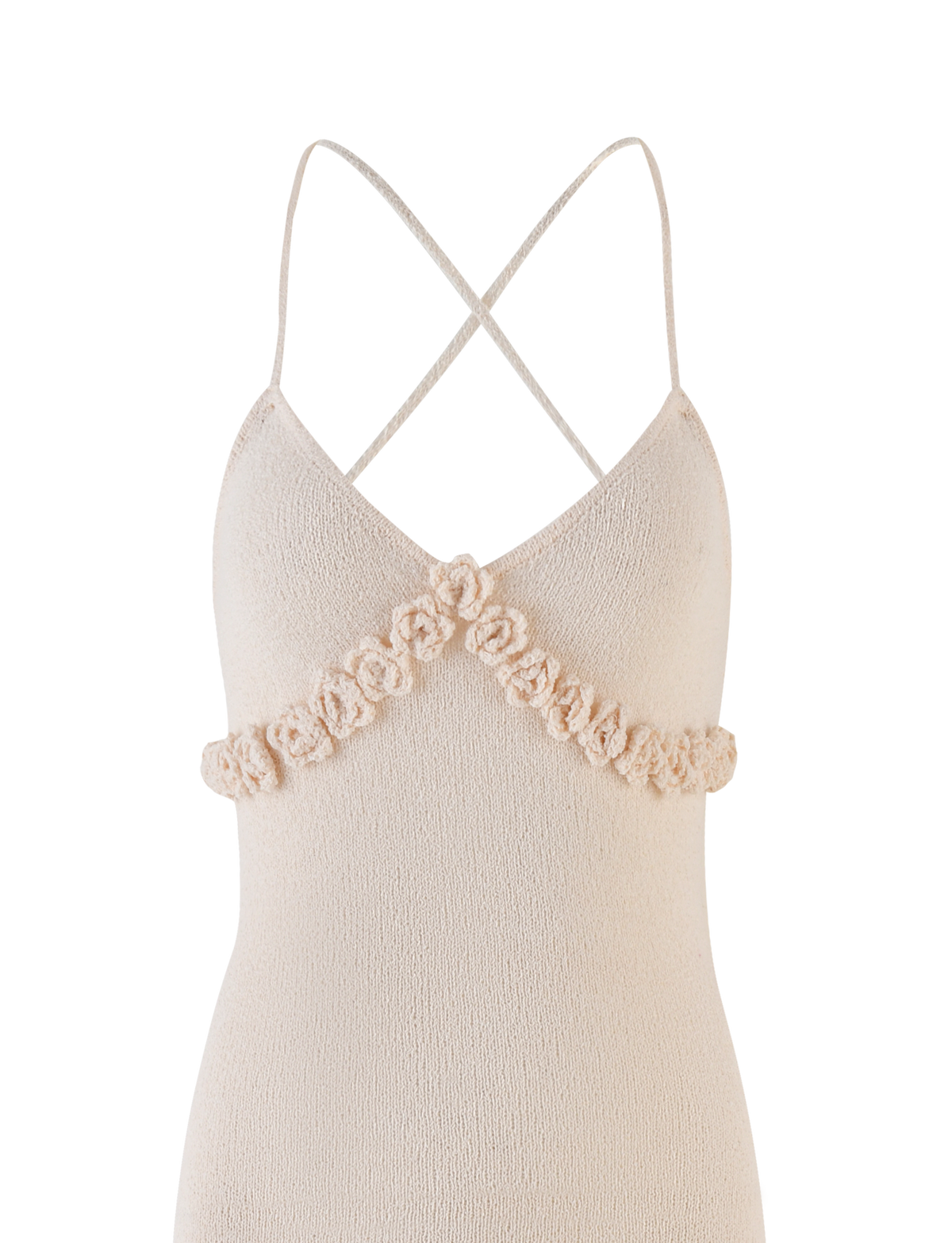 The LAVELLE MAXI DRESS by TIGERMIST is a sleeveless cream knit maxi dress with adjustable criss cross straps and textured floral embellishments across the bust.