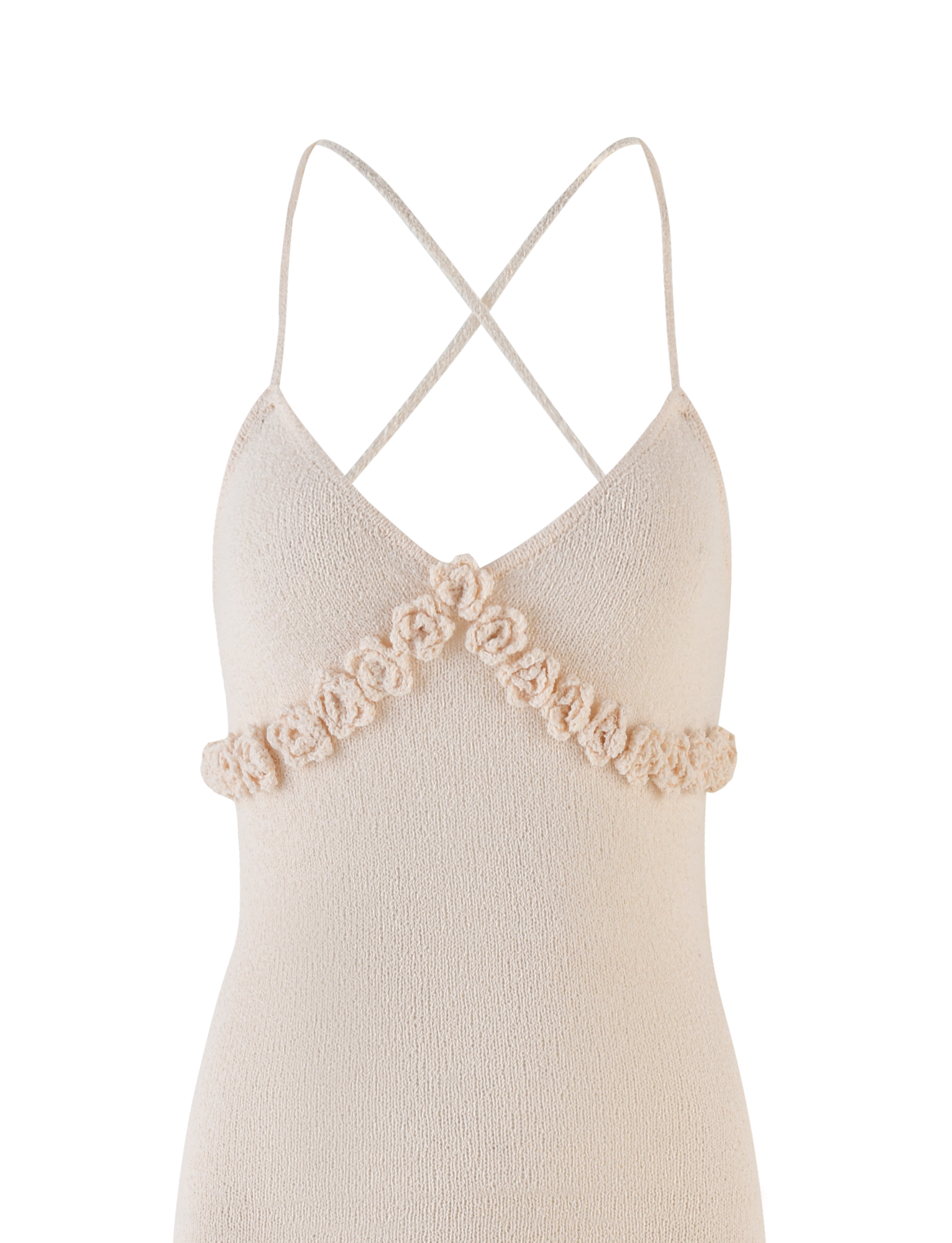 The LAVELLE MAXI DRESS by TIGERMIST is a sleeveless cream knit maxi dress with adjustable criss cross straps and textured floral embellishments across the bust.