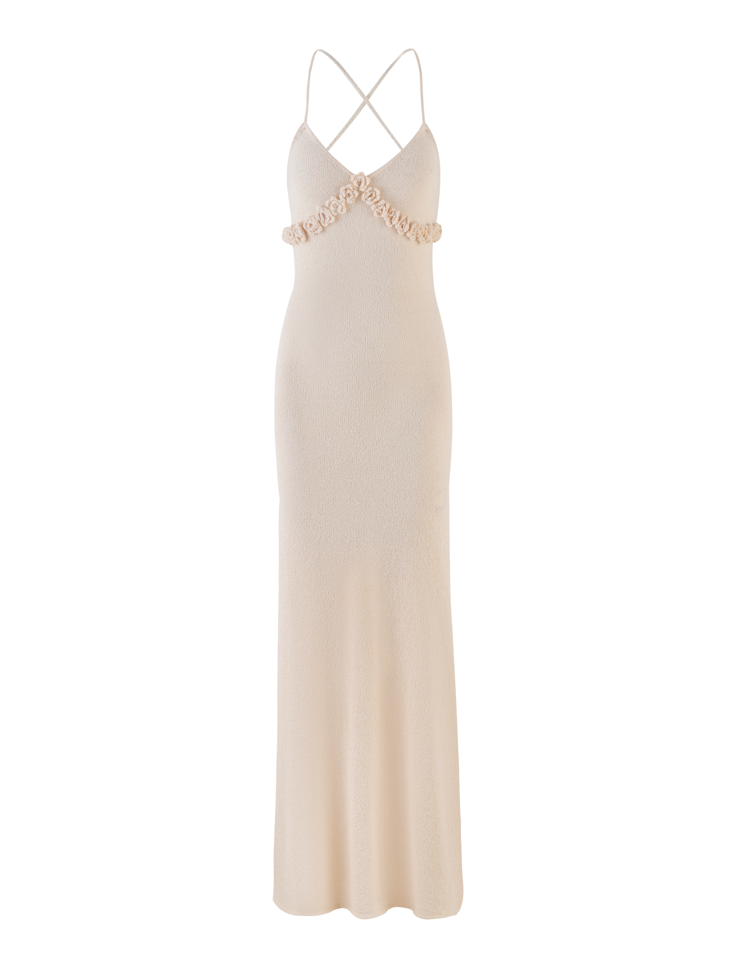 The TIGERMIST LAVELLE MAXI DRESS in cream features a fitted bodice with floral appliqués, adjustable criss-cross straps, an open back, and a slightly flared skirt.