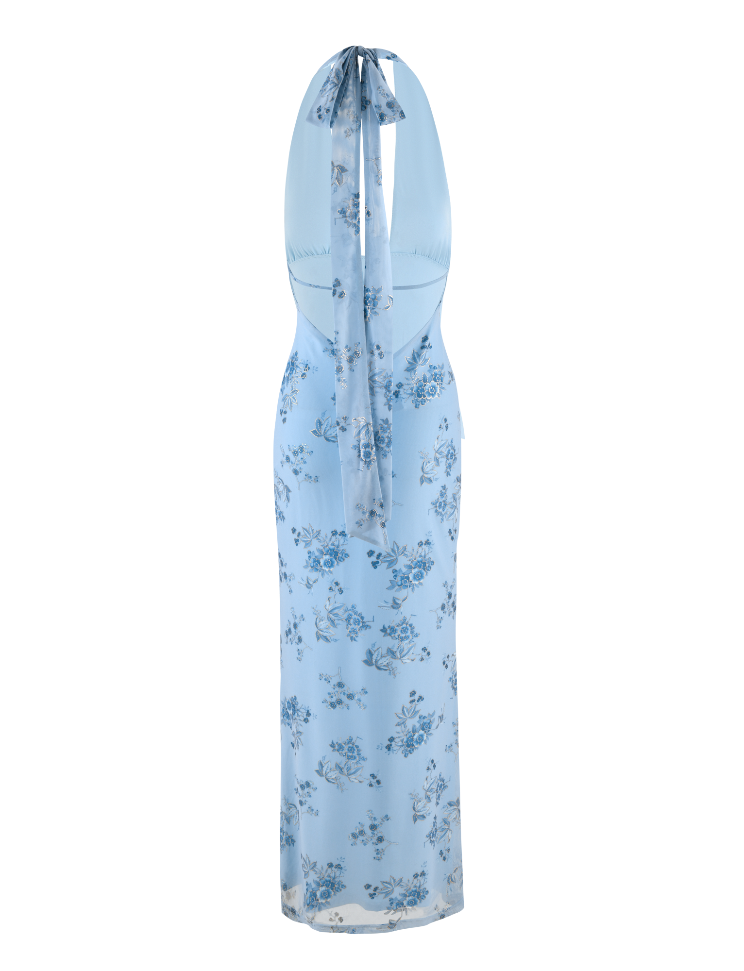 The PHAEDRA MAXI DRESS by TIGERMIST features a light blue floral print, halter neck with long ribbon tie, sleeveless and backless design, with the ribbon draping down the open back.