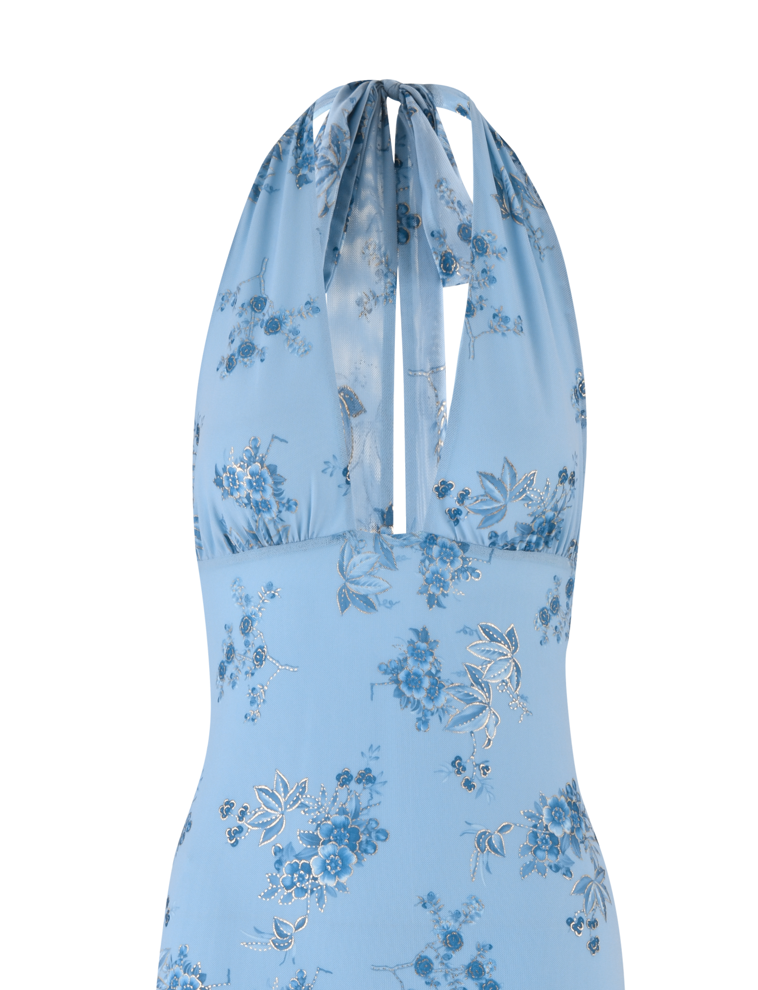 A close-up of the TIGERMIST PHAEDRA MAXI DRESS in blue floral, showcasing a halter neck, deep V-neckline, sheer fabric with silver accents, and a hint of a low open back for an elegant look.