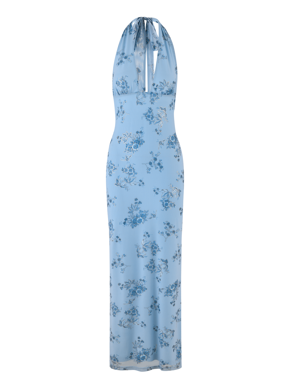 The TIGERMIST PHAEDRA MAXI DRESS features a light blue halter neck, straight silhouette, blue floral print, and subtle metallic foil details.