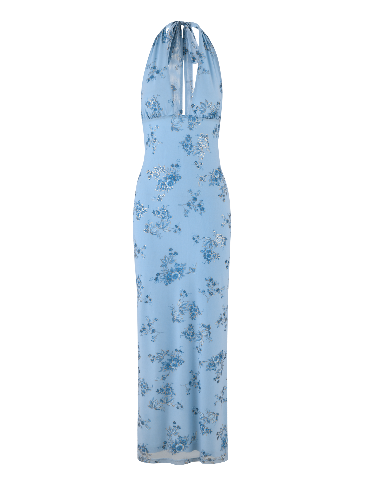 The TIGERMIST PHAEDRA MAXI DRESS features a light blue halter neck, straight silhouette, blue floral print, and subtle metallic foil details.
