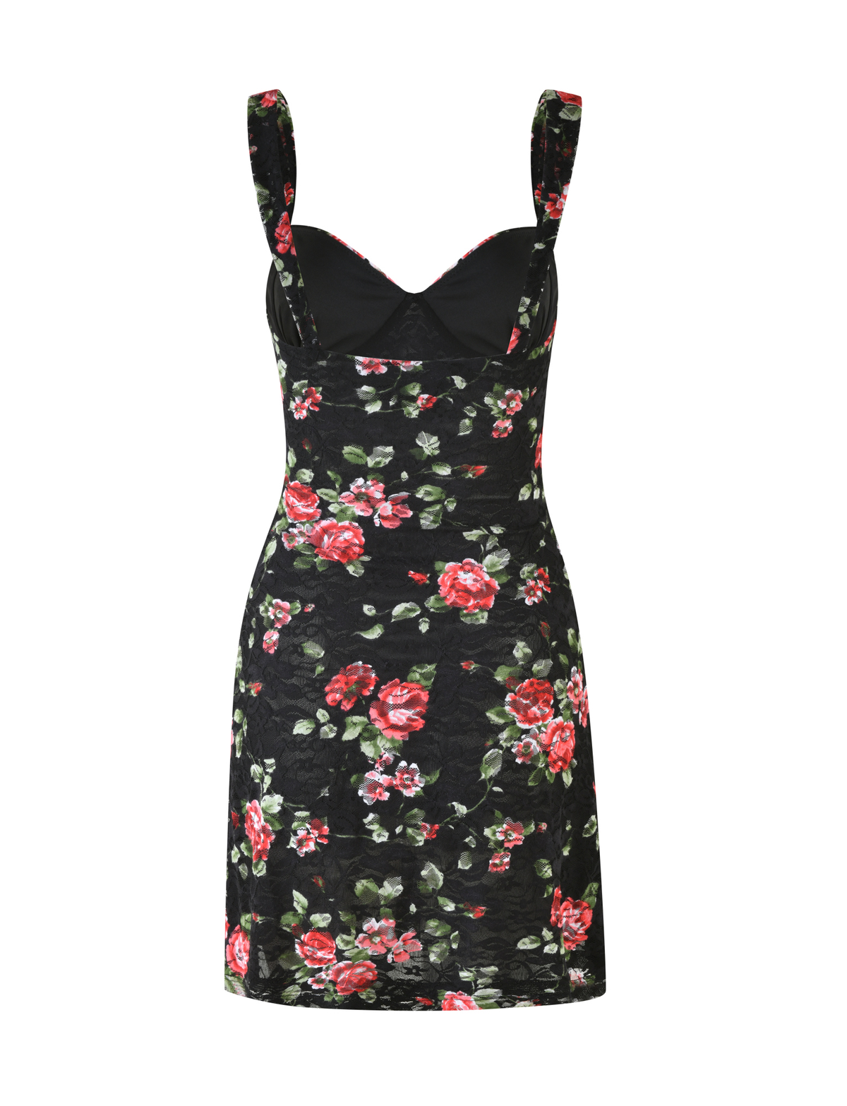 The TIGERMIST ANDEE MINI DRESS - BLACK: FLORAL: BLACKROSE features a sleeveless design, sweetheart neckline, red and pink rose print with green leaves, fitted silhouette, and short lace mini length—perfect for any occasion.