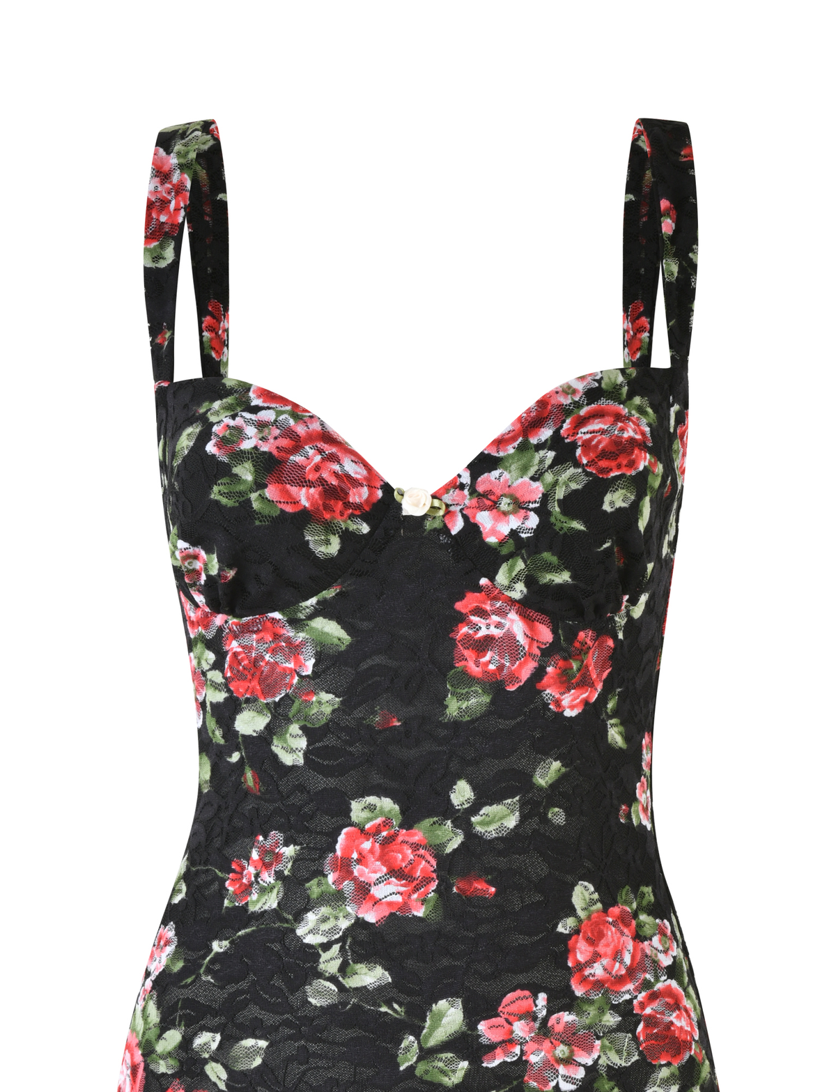 The TIGERMIST ANDEE MINI DRESS in Black Rose features a sleeveless design, sweetheart neckline, red and pink floral print, and wide shoulder straps for an elegant look.