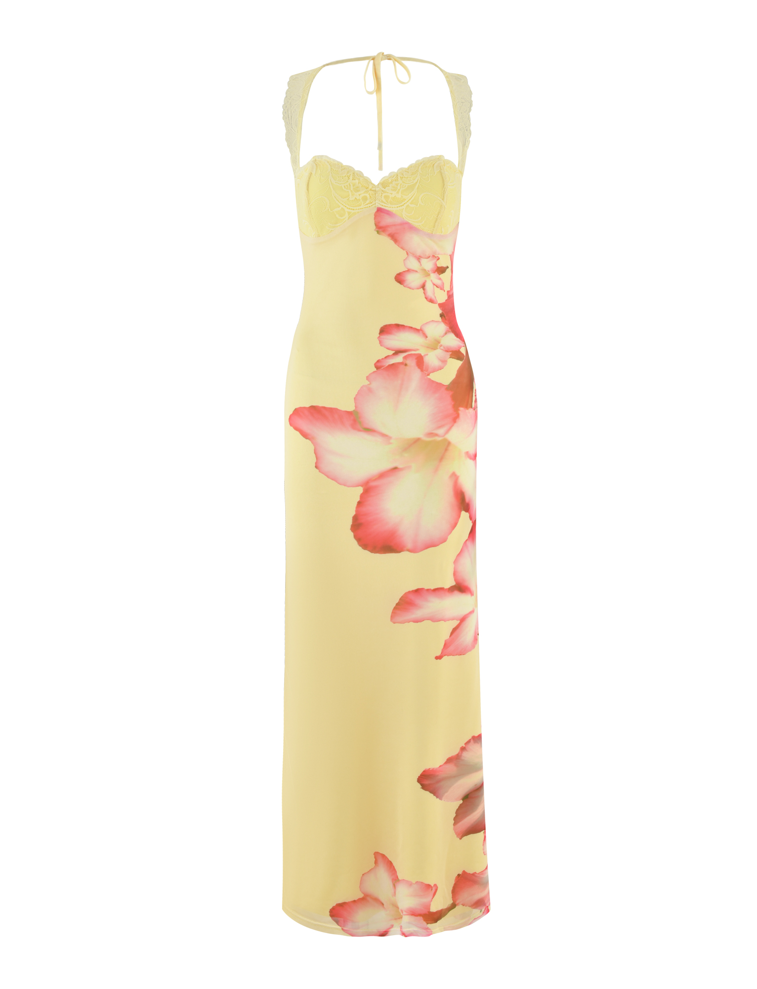 The NYOMI MAXI DRESS - YELLOW HIBISCUS by TIGERMIST is a long yellow maxi with lace bust panel, halter-neck, macro pink and white floral side print, and delicate lace detailing at the back.