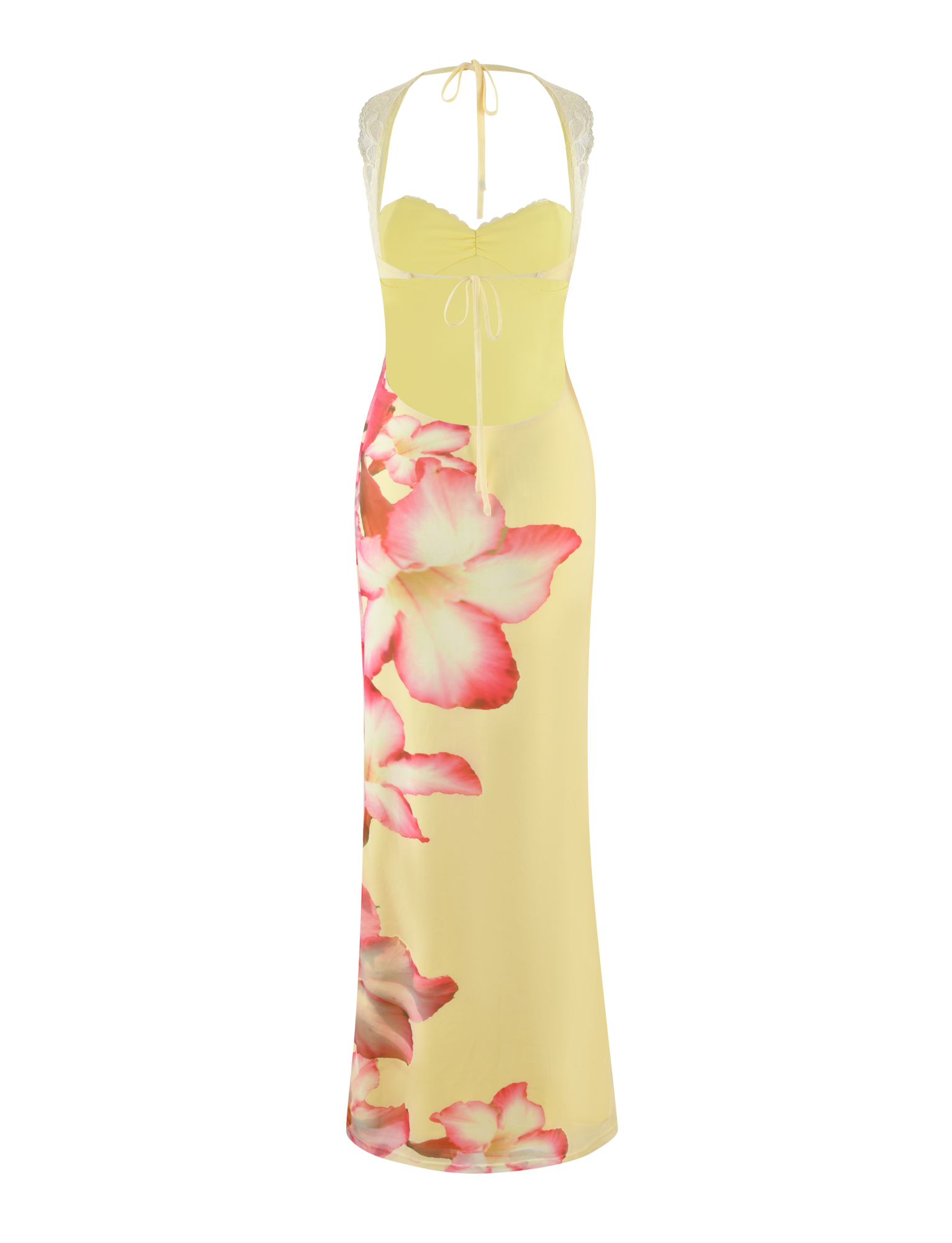 The TIGERMIST NYOMI MAXI DRESS in yellow hibiscus features a sleeveless, halter neckline with white lace straps and bold pink macro floral prints on the lower half, displayed on a white background.