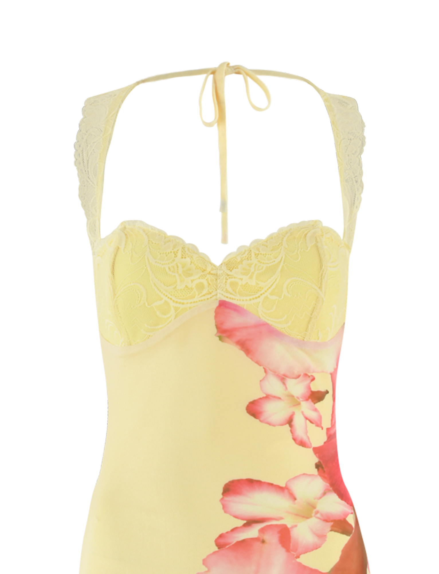 The NYOMI MAXI DRESS - YELLOW HIBISCUS by TIGERMIST features a sweetheart neckline, lace trim, bold pink macro floral print, and an elegant open back.