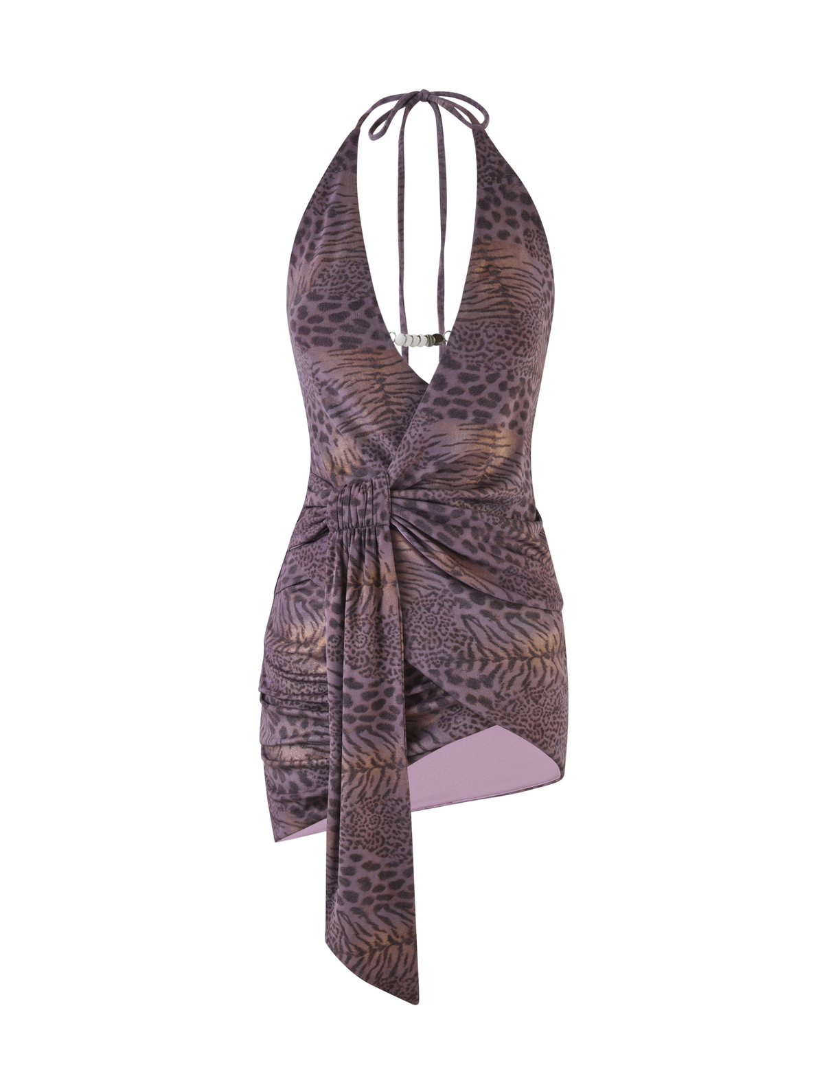 The INDIGO MINI DRESS - PURPLE TIGER by TIGERMIST features a purple animal print, halter neck with tie, deep V neckline, ruched draped waist, asymmetrical hem, and high stretch fabric for a flattering fit.