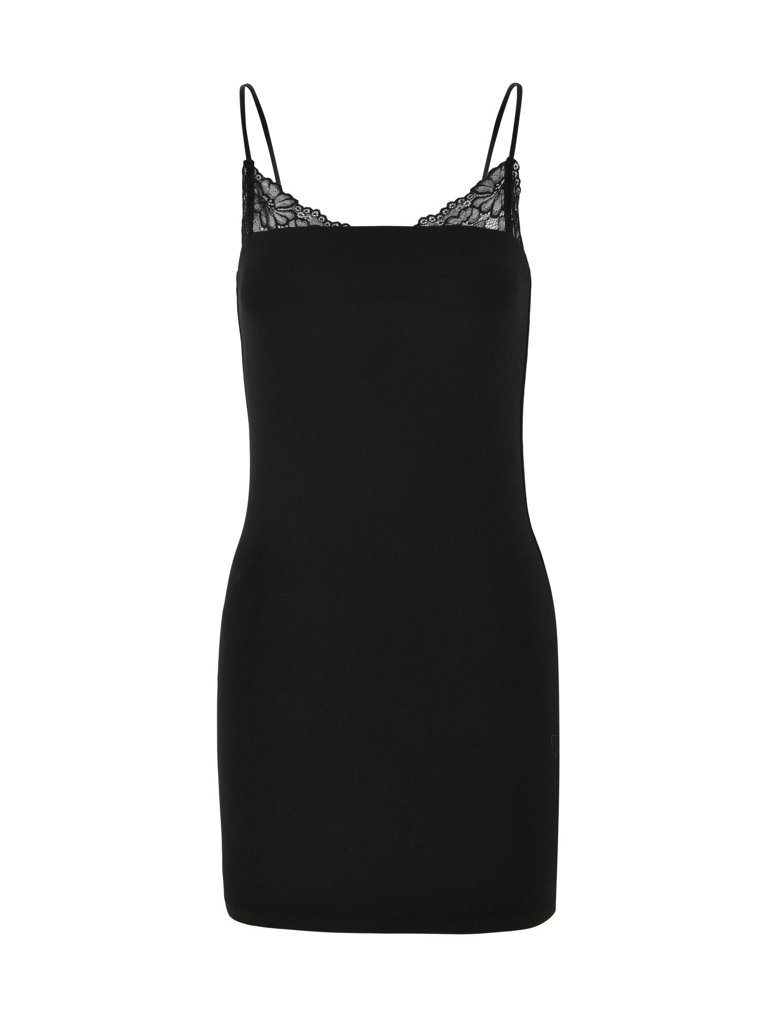 The FAELINA MINI DRESS by TIGERMIST is a black, fitted jersey mini dress with thin spaghetti straps and lace detailing at the neckline, shown on a white background.