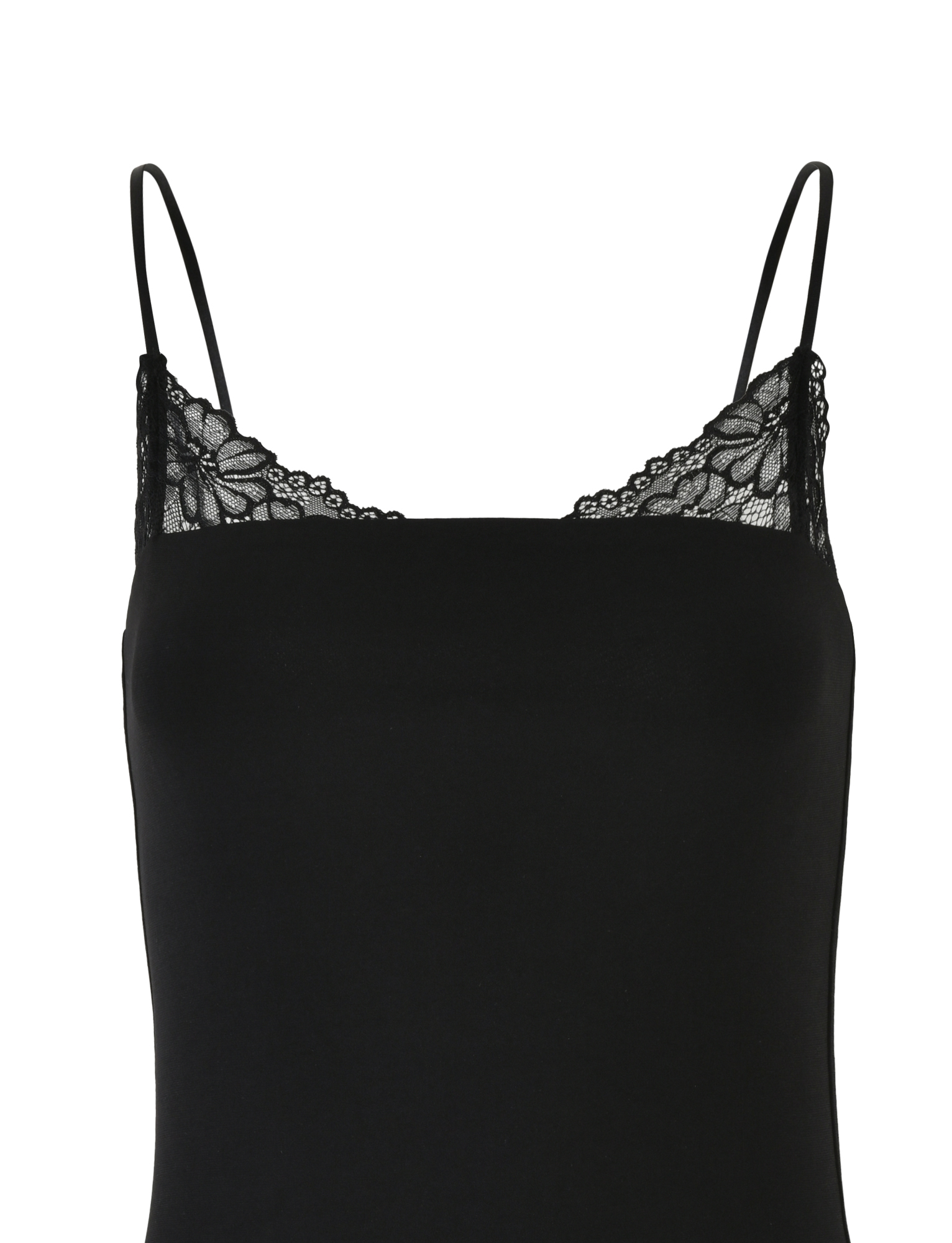 The FAELINA MINI DRESS by TIGERMIST is a black mini dress with adjustable straps and lace trim along the neckline, featuring a delicate floral pattern.