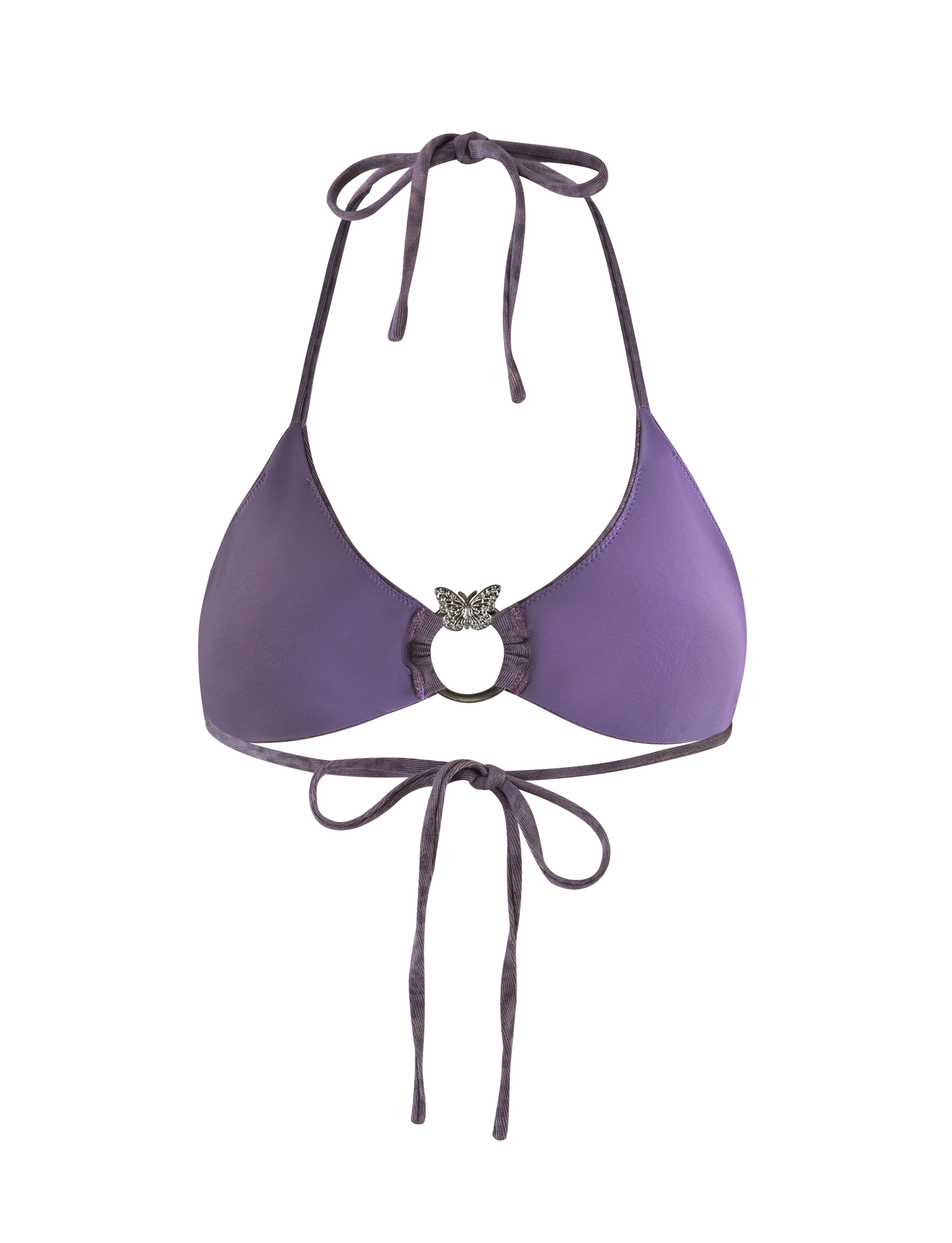 The TIGERMIST JESSALYN BIKINI TOP - PURPLE TIGER features adjustable neck and back ties with a sparkling silver butterfly pendant at the center front.