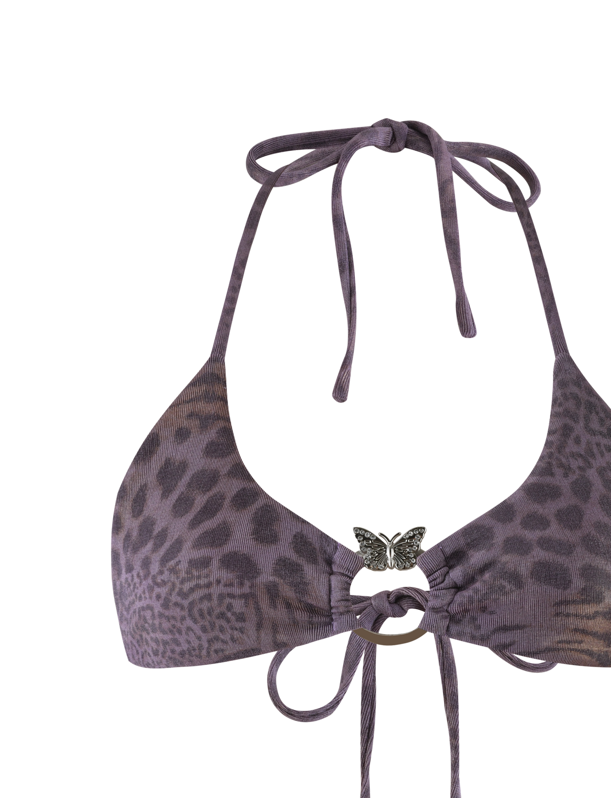 The JESSALYN BIKINI TOP - PURPLE TIGER by TIGERMIST features a purple tiger-print jersey, halter neck and back ties, and is accented with a silver butterfly pendant at the center for a dazzling touch.