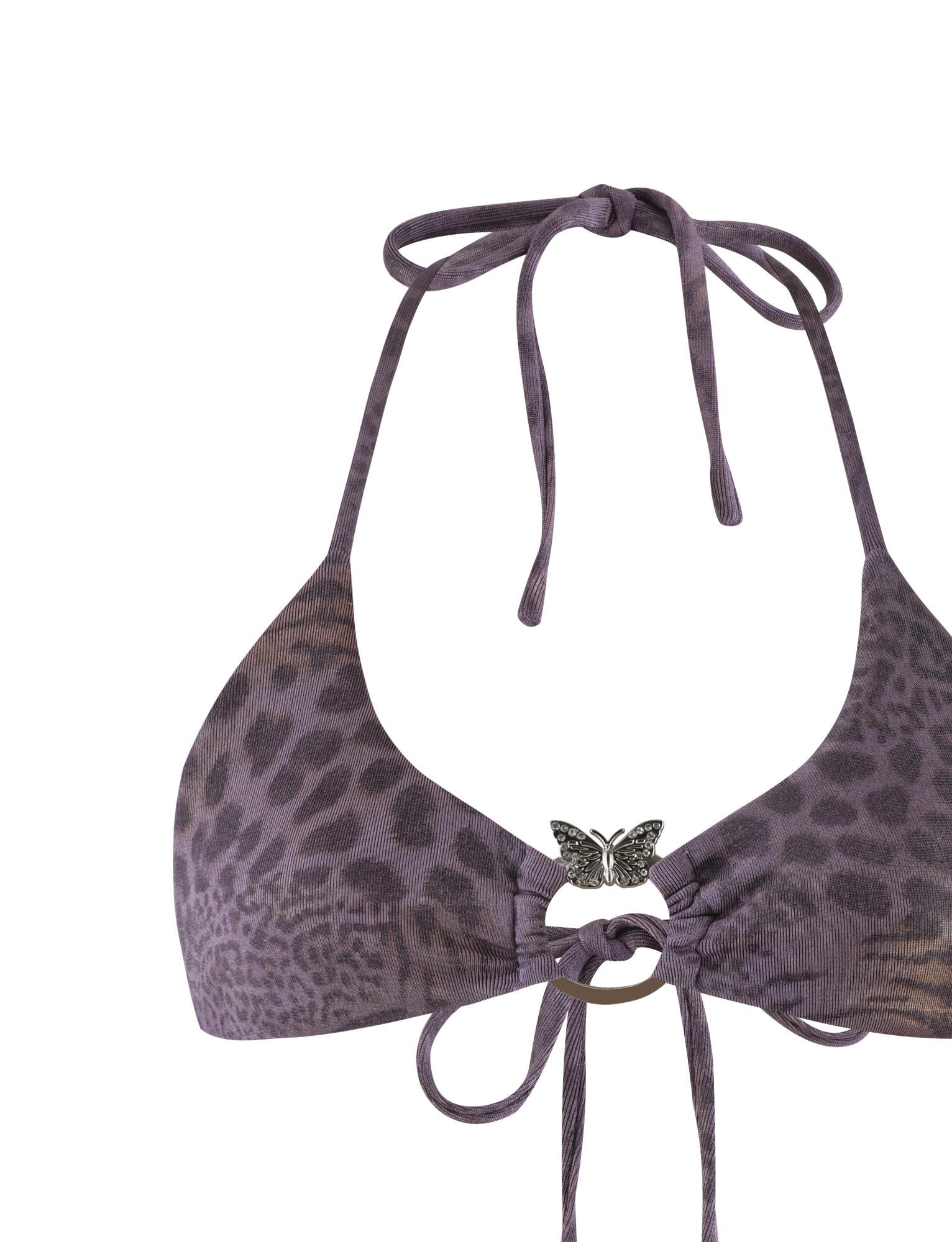 The JESSALYN BIKINI TOP - PURPLE TIGER by TIGERMIST features a purple tiger-print jersey, halter neck and back ties, and is accented with a silver butterfly pendant at the center for a dazzling touch.