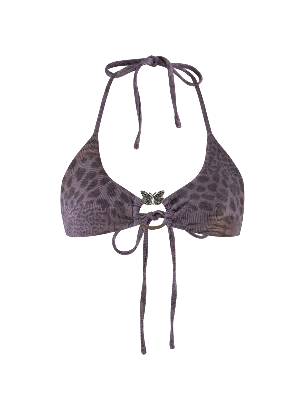 The JESSALYN BIKINI TOP - PURPLE TIGER by TIGERMIST features a purple sparkle animal print, halter neck ties, a silver butterfly pendant at the center, and tie-back strings.
