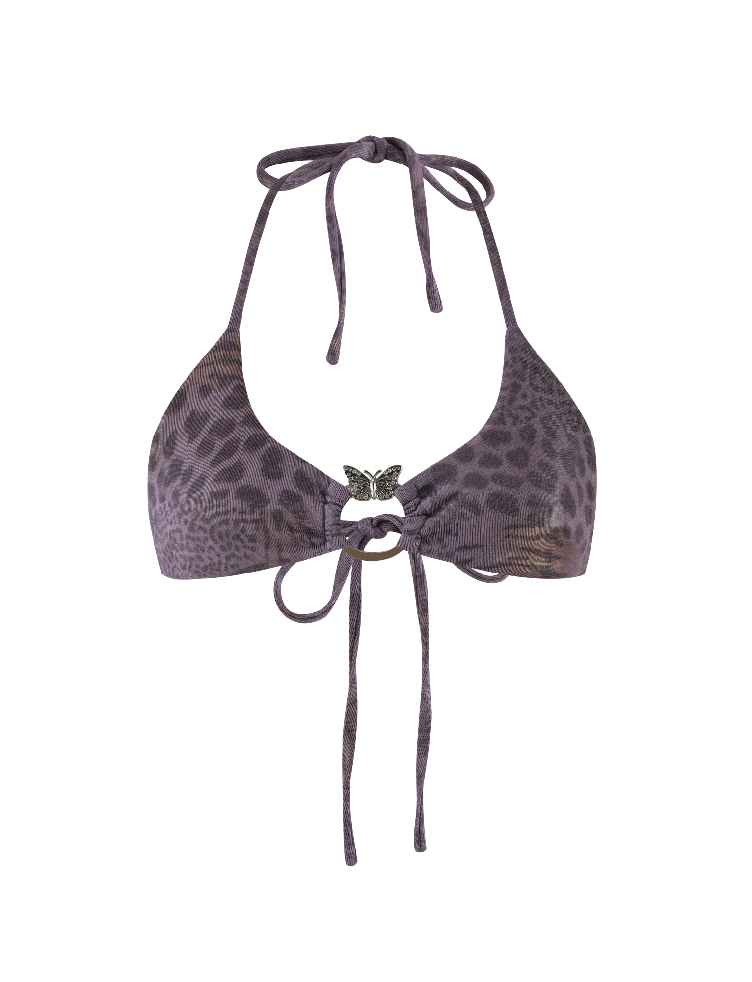 The JESSALYN BIKINI TOP - PURPLE TIGER by TIGERMIST features a purple sparkle animal print, halter neck ties, a silver butterfly pendant at the center, and tie-back strings.
