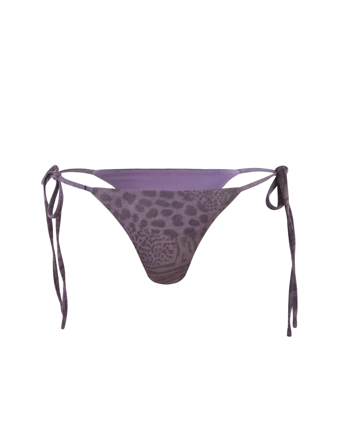 The JESSALYN BIKINI BOTTOM - PURPLE TIGER by TIGERMIST features a purple tiger print, side tie strings, and cheeky minimal coverage, displayed against a plain background.