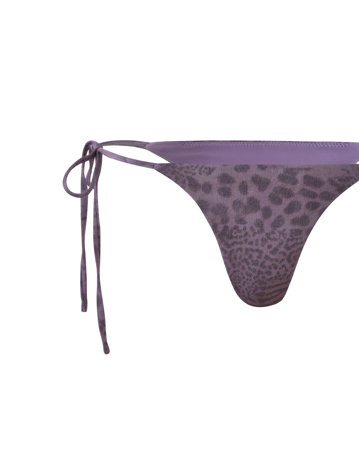 The JESSALYN BIKINI BOTTOM - PURPLE TIGER by TIGERMIST features a purple sparkle tiger print, side tie strings, and high-stretch fabric, shown on a plain background.